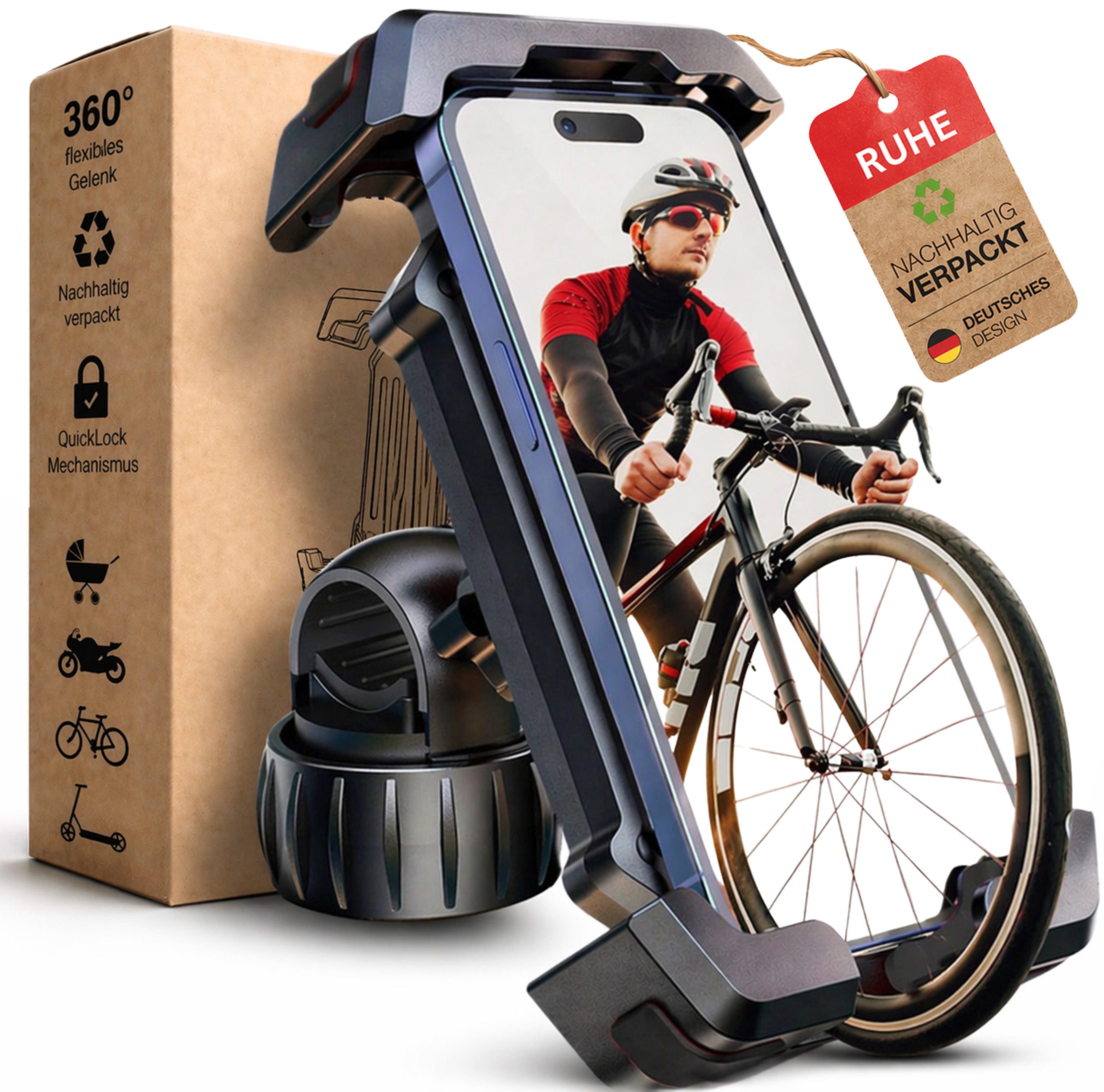 RUHE Handy-Halterung Fahrrad Handyhalterung Motorrad Kinderwagen E-Scooter mit Stoßdämpfer, (bis 8 Zoll, 360° Drehbar EXTREM FEST freie Tasten kompatibel mit iPhone Samsung, 1-tlg., Universal, Smartphone-Halterung Handyhalter Lenker Kameraschutz, Wetterfe