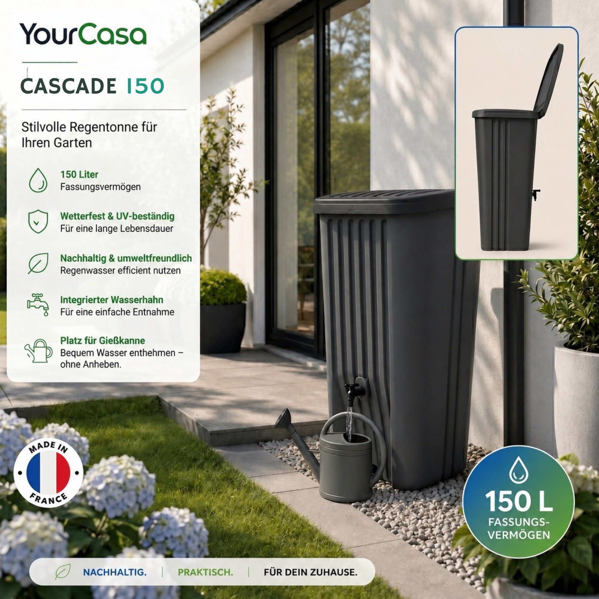YourCasa Regentonne Cascade Regentonne 150 Liter anthrazit mit Hahn, 150 l, UV Beständig,Wetterfest,150L Fassungsvermögen