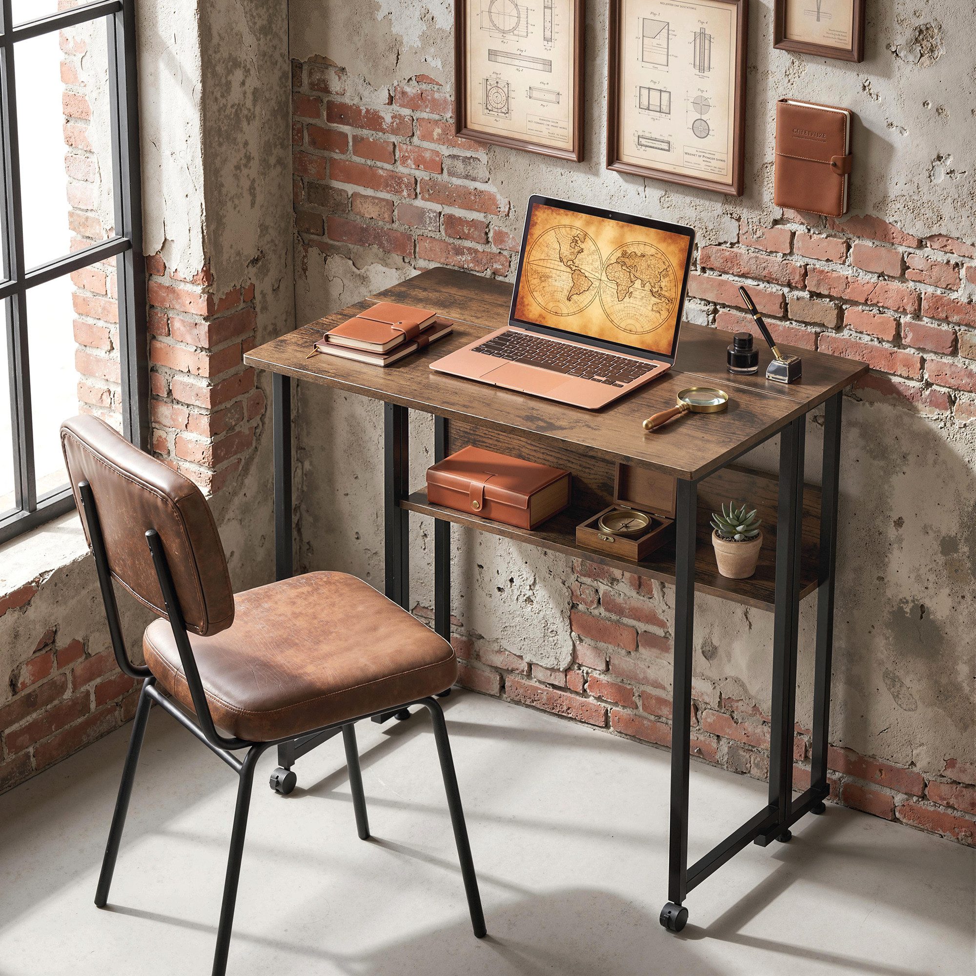 HOMCOM Schreibtisch 80 cm Klappbarer Computertisch mit Ablagefach (Klapptisch, 1-St., Bürotisch), für Homeoffice, Schlafzimmer, Rustikal-Braun