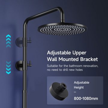 Rainsworth Duschsystem ohne Armatur, 3 Strahlart(en), 25cm Rund Regendusche und 3 Strahlarten Duschkopf, Druckknopfsteuerung