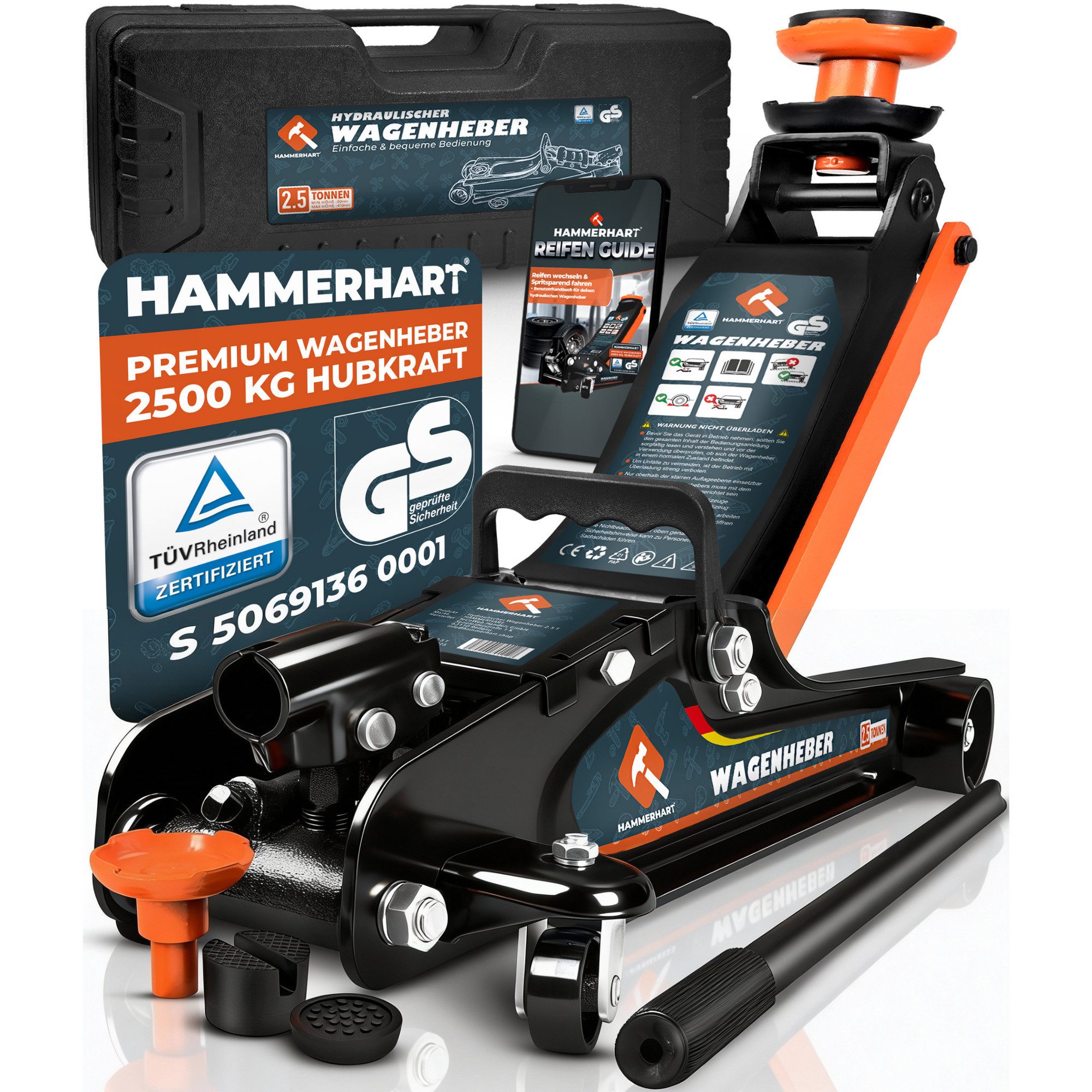 HAMMERHART Wagenheber Hydraulischer Wagenheber 2,5T, TÜV geprüft, 85–384 mm, max. Hubhöhe: 38,4 cm, Premium Wagenheber 2,5 Tonnen, Premium Wagenheber 2,5 Tonnen