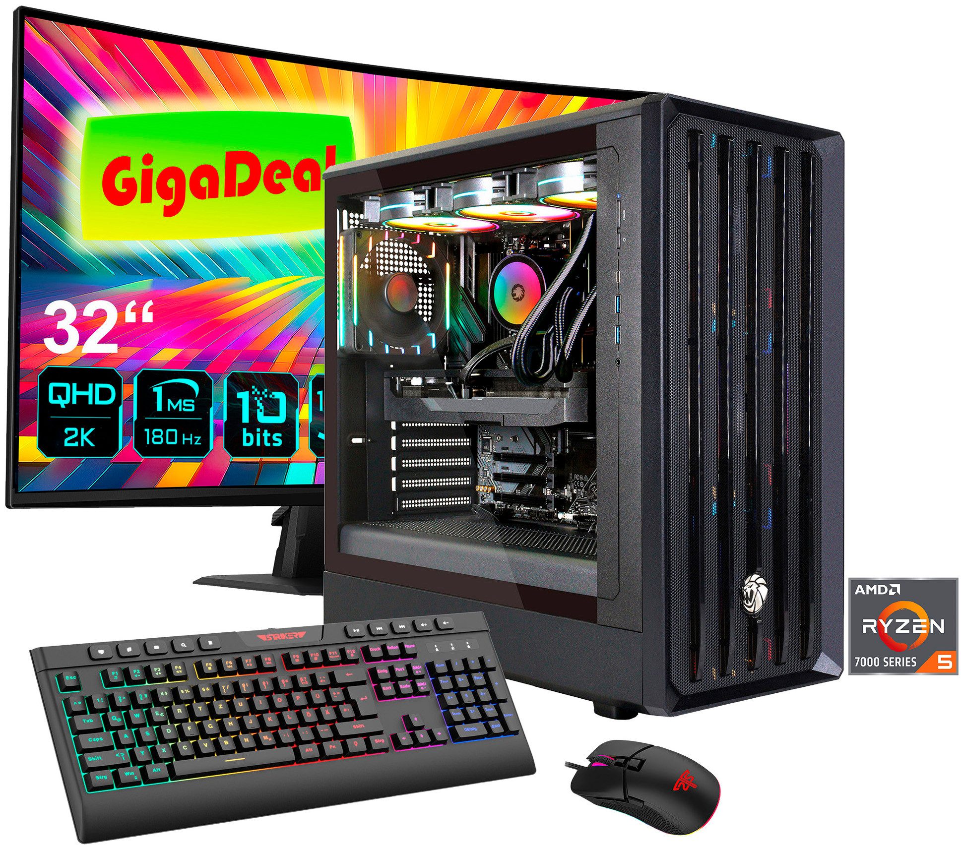 GAMEMAX GigaDeal CLAW BK 2802 AMD Ryzen 5 7500F 32GB DDR5 1TB SSD RX 9070 Gaming-PC-Komplettsystem (32", AMD Ryzen 5 7500F, RX 9070, 32 GB RAM, 1000 GB SSD, Windows 11, DDR5 RAM + Gigabyte GS32QCA LED-Monitor Curved, 80 cm 32)