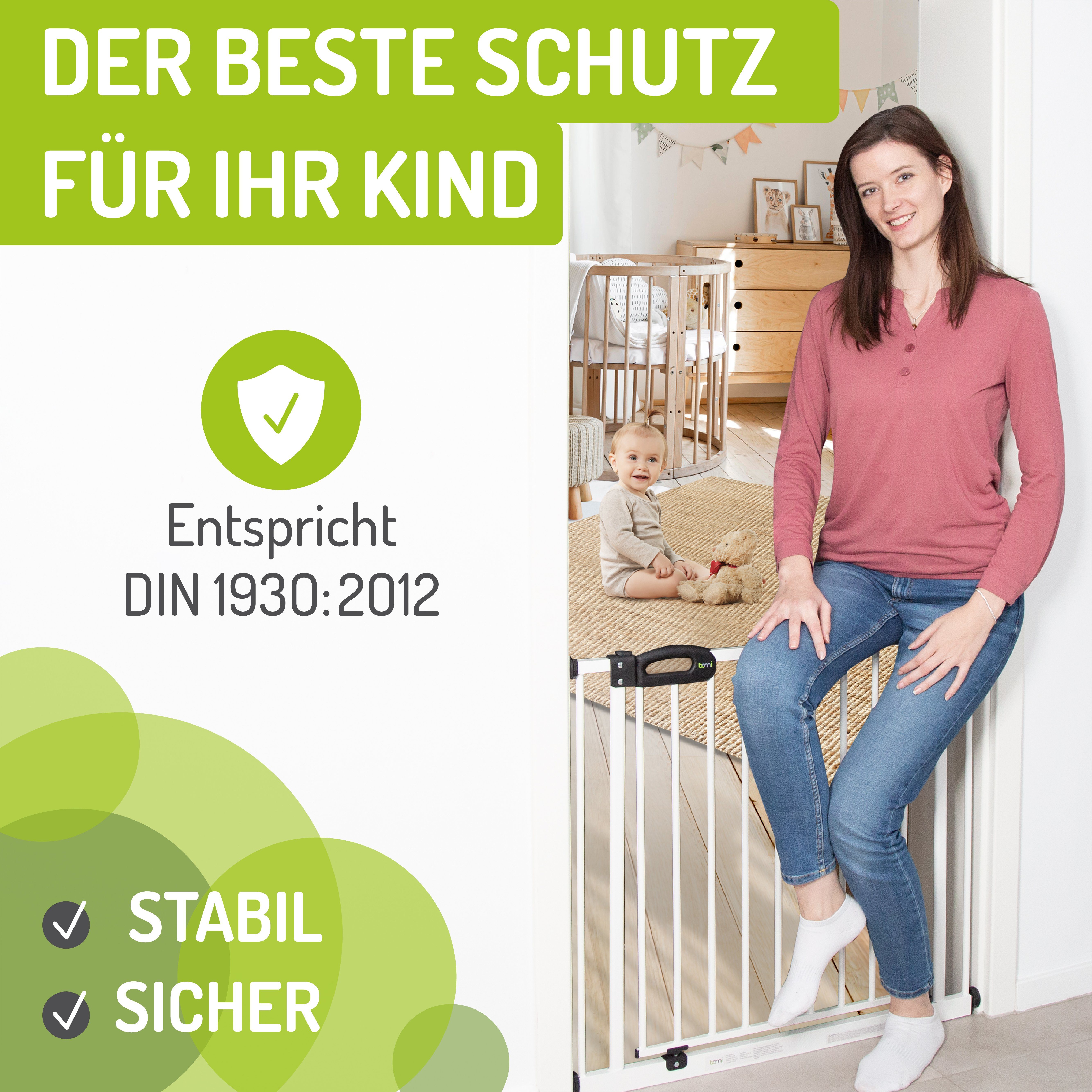 BOMI Türschutzgitter Kinderschutzgitter Merle, Extra Hoch, Breite 73-161 cm (ohne Bohren, klemm- und verschraubbar, Weiß, Metall), Treppenschutzgitter mit 90°-F – Bild 5 von 5