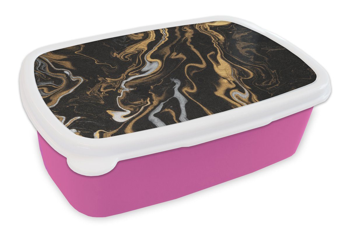 MuchoWow Lunchbox Marmor - Silber - Gold - Abstrakt, Kunststoff, (2-tlg), Brotbox für Erwachsene, Brotdose Kinder, Snackbox, Mädchen, Kunststoff rosa