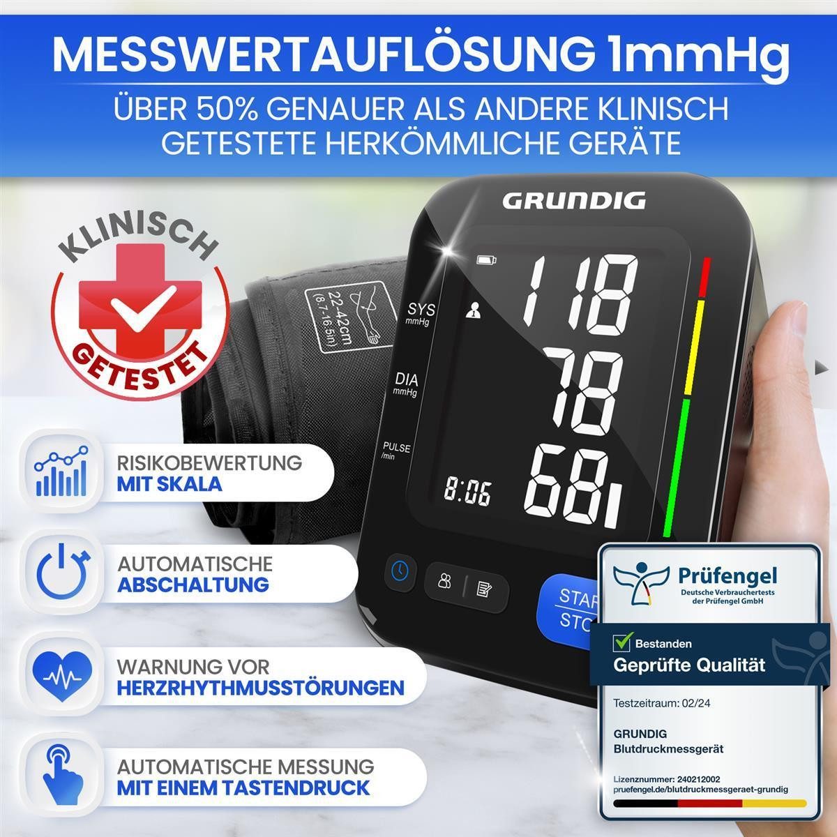Grundig Blutdruckmessgerät Blutdruckmessgerät hochpräzise einfache Bedienung Oberarm, hochpräzise, einfachste Bedienung, perfekt ablesbar