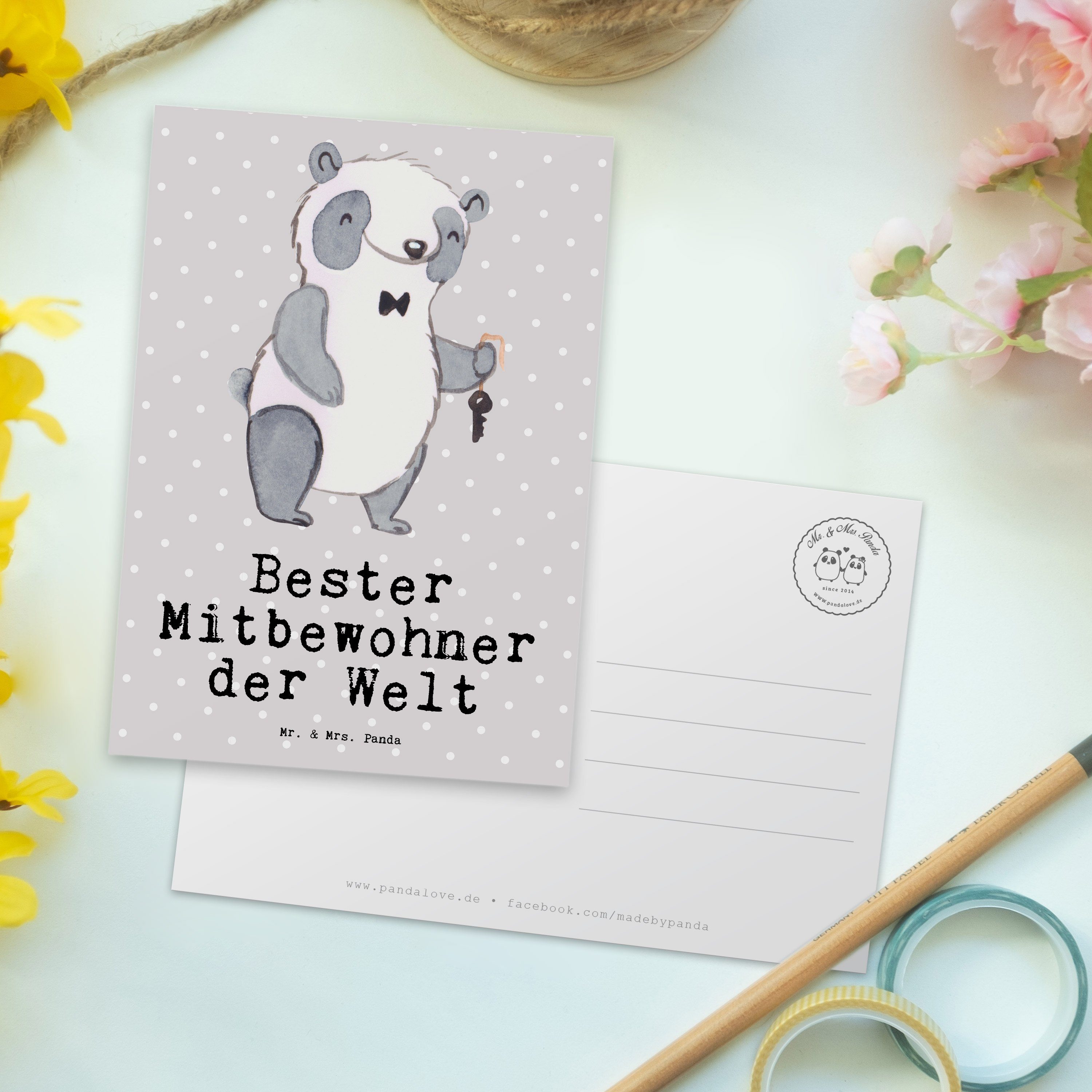 Welt Geschenk, - Mr. & Mitbewohner Mrs. Panda der WG-Bewoh Panda Grau Bester Postkarte Pastell -