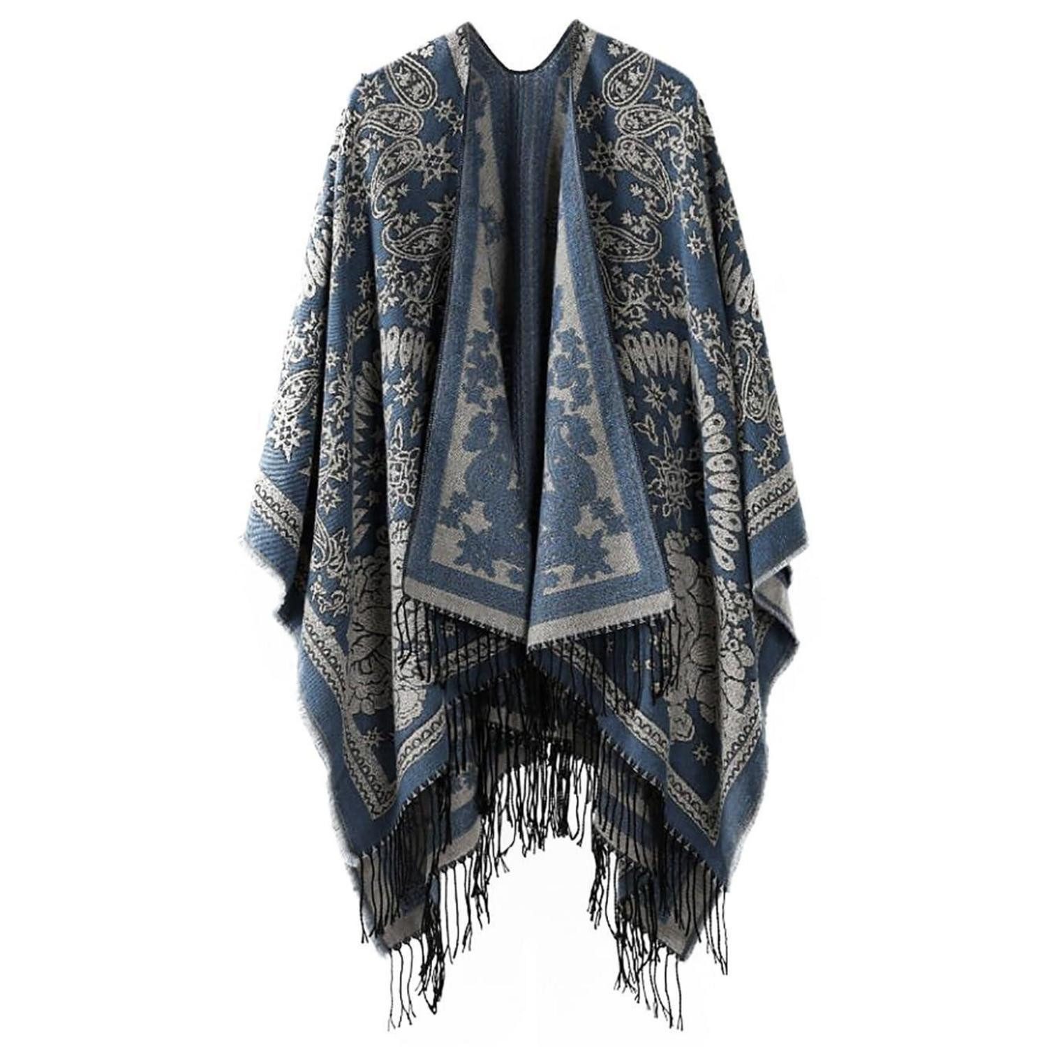 LuxusKollektion Poncho Poncho Damen Strick Blau Oversized (1-St)
