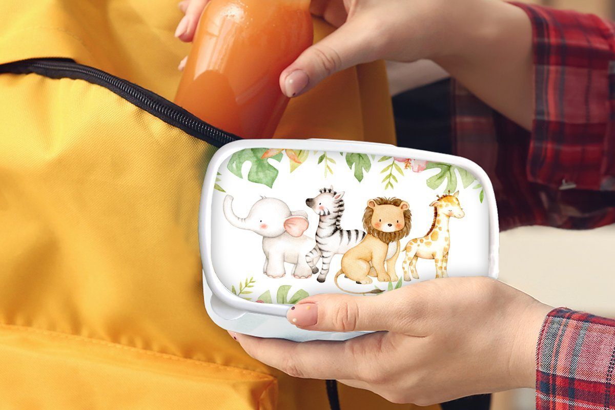 für MuchoWow Jungs Aquarellfarbe, Mädchen (2-tlg), Brotdose, und Lunchbox - Tiere Dschungel und Kinder Erwachsene, für Brotbox Kunststoff, weiß -
