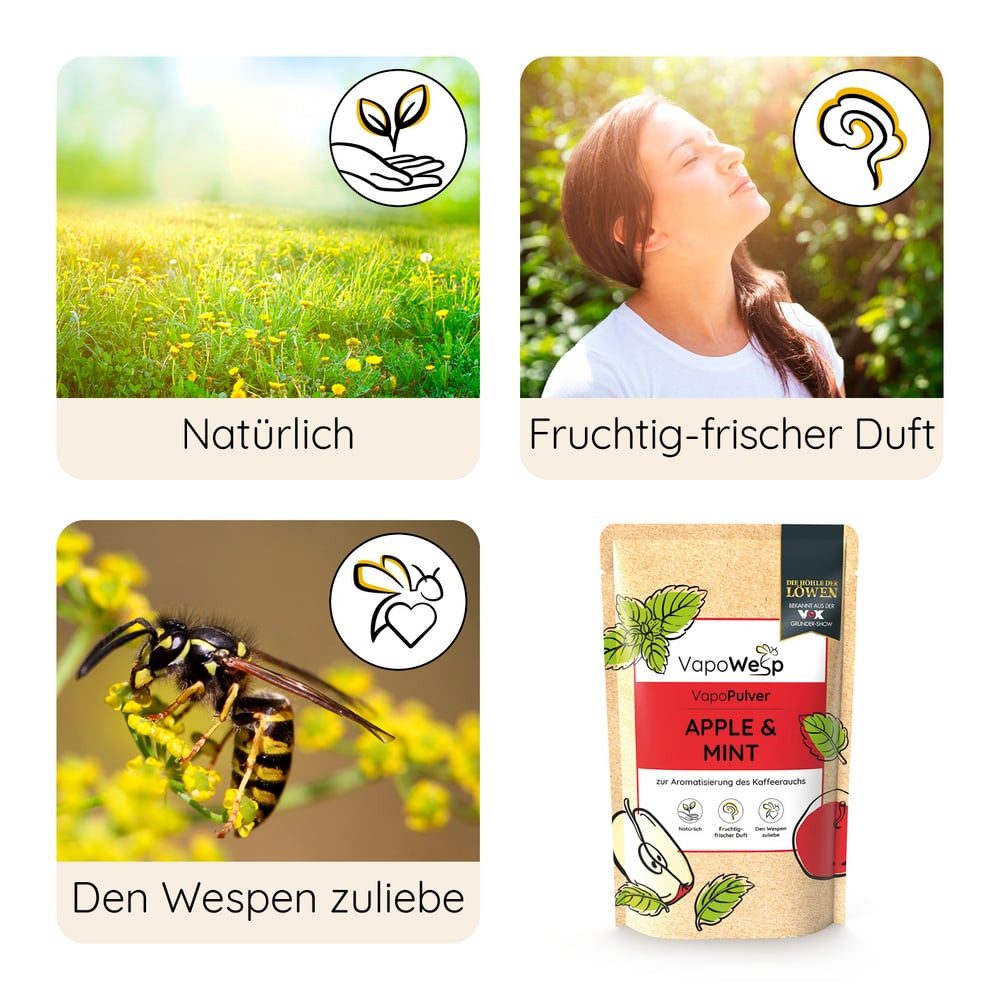 VapoWesp Wespennestattrappe, VapoPulver verschiedene Sorten je 100g, Aromatischer Duft für die VapoWesp Räucherbox
