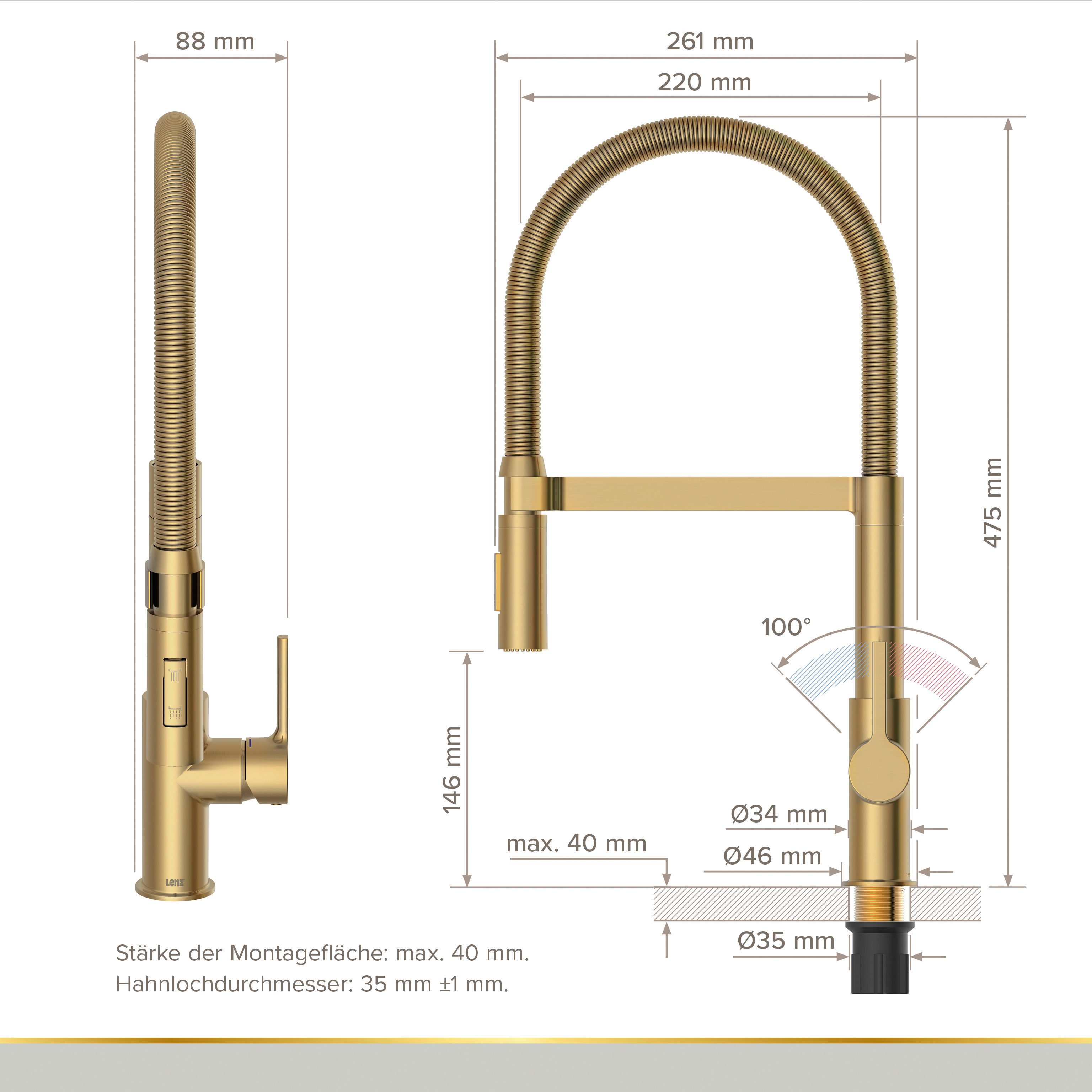 Lenz Küchenarmatur ALUNA mit Pendelbrause 2 Strahlarten, schwenkbar, flexible Brause Flexible Pendelbrause mit 2 Strahlarten – Bild 5 von 5