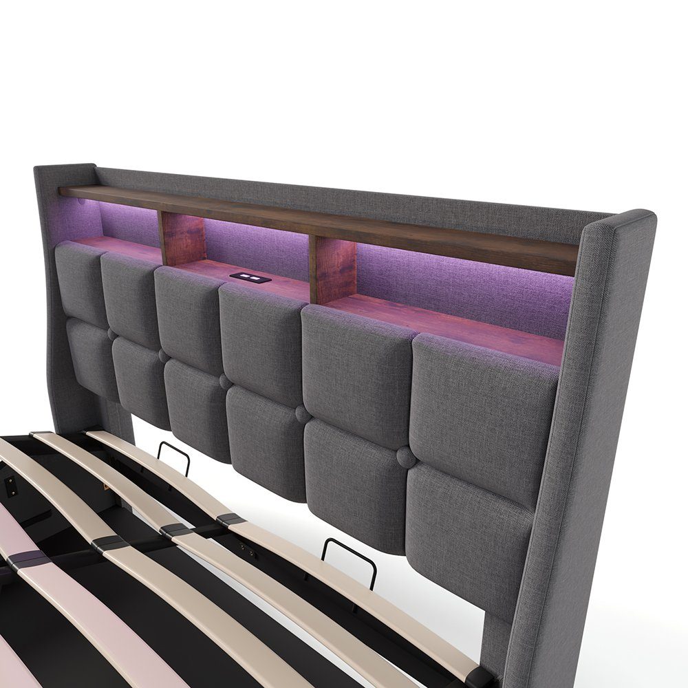 Polsterbett (Funktionsbett, 180x200 cm Hydraulisches Bett mit Lattenrost), Stauraumbett mit LED-Beleuchtung und USB-Anschluss, Baumwolle-Leinen