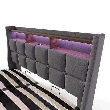 PHOEBE CAT Polsterbett (Funktionsbett, 180x200 cm Hydraulisches Bett mit Lattenrost), Stauraumbett mit LED-Beleuchtung und USB-Anschluss, Baumwolle-Leinen