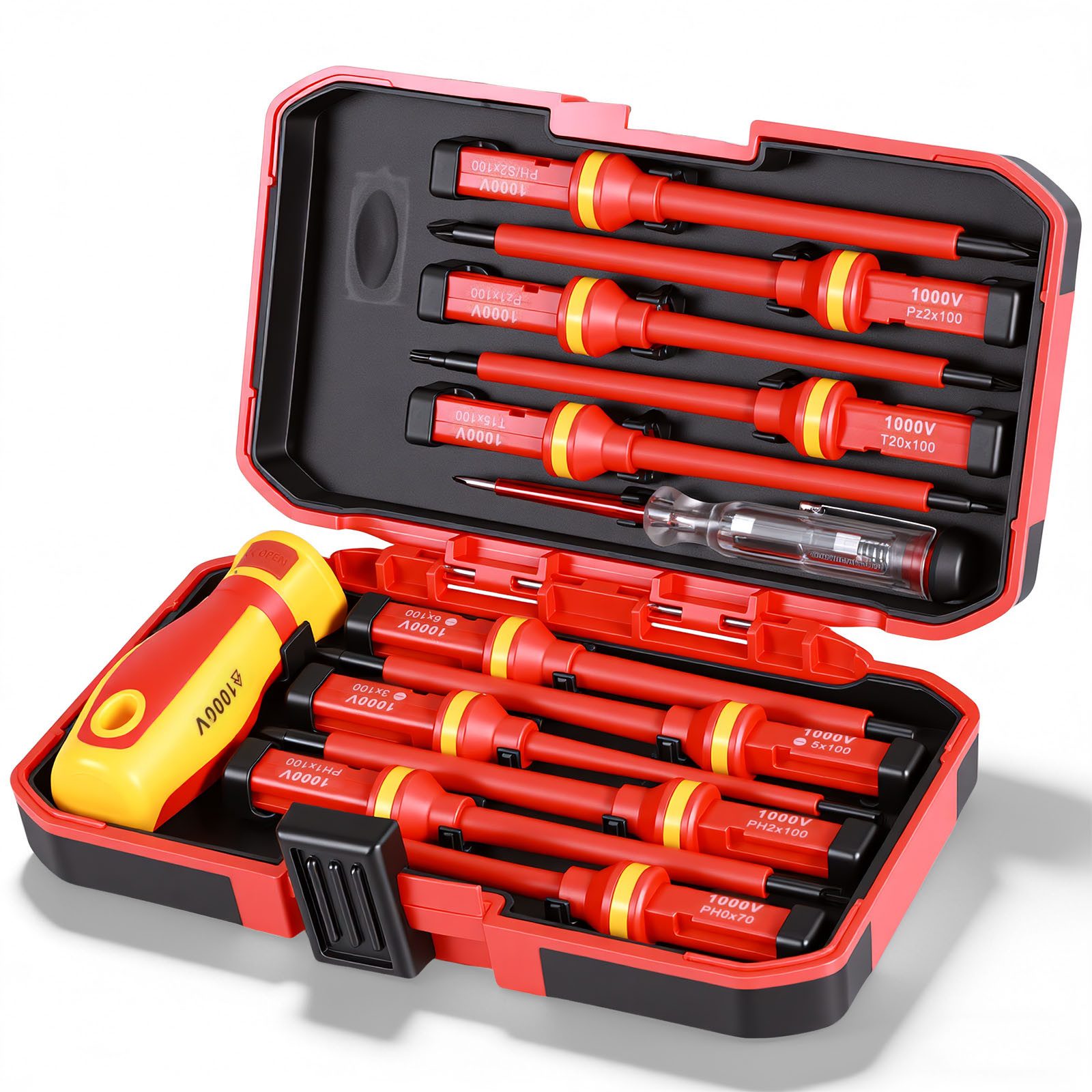 BlingBin Schraubendreher 13 Stücke VDE Isolierte Schraubendreher Set, (1er Set, 13 St., 11pcs Schraubendreherköpfen + 1 x Teststift + 1 x Schutzhülle), für Spannungen bis 1000V, Schraubendreher Köpfen, Flachen Kreuzschlitz