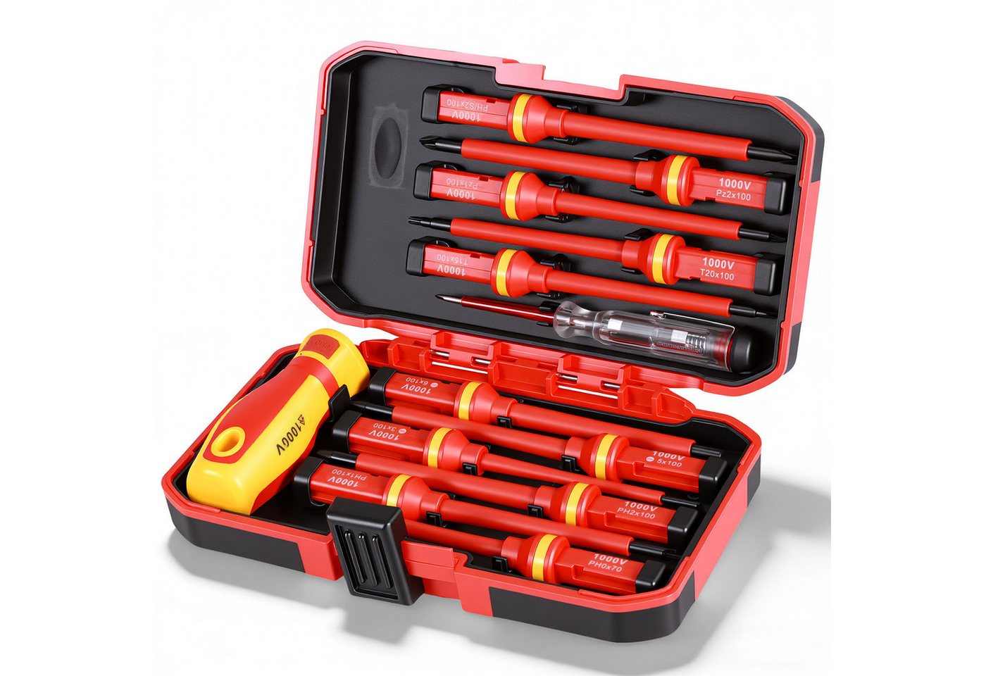BlingBin Schraubendreher 13 Stücke VDE Isolierte Schraubendreher Set, (1er Set, 13 St., 11pcs Schraubendreherköpfen + 1 x Teststift + 1 x Schutzhülle), für Spannungen bis 1000V, Schraubendreher Köpfen, Flachen Kreuzschlitz
