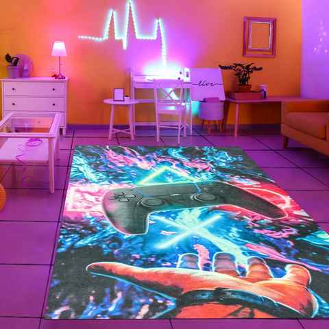 Teppich Gaming-Teppich mit lebendigen neon-farbigen Symbolen und Controller, TeppichHome24, rund