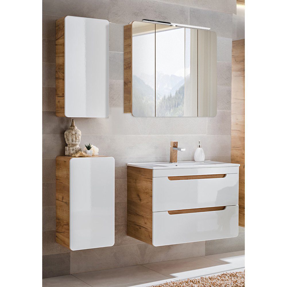 Lomadox Badmöbel-Set LUTON-56, (Spar-Set, 4-St), weiß mit Wotan Eiche Nb. 1 günstig online kaufen