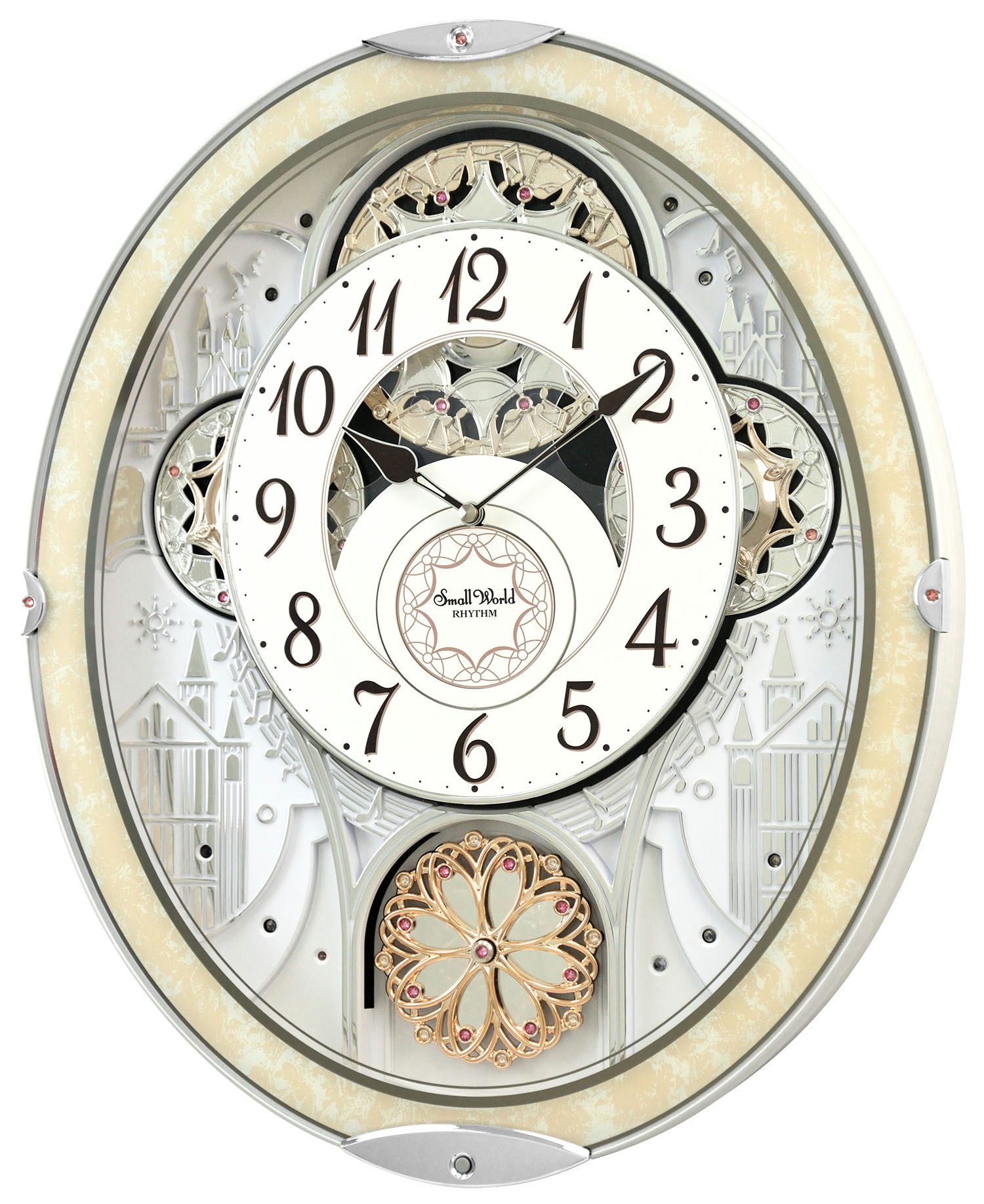 Rhythm Wanduhr MAGIC MOTION CLOCK Rhythm 7447 bewegliches Zifferblatt (30 Melodien, Lautstärkenregler, Nachtsensor)