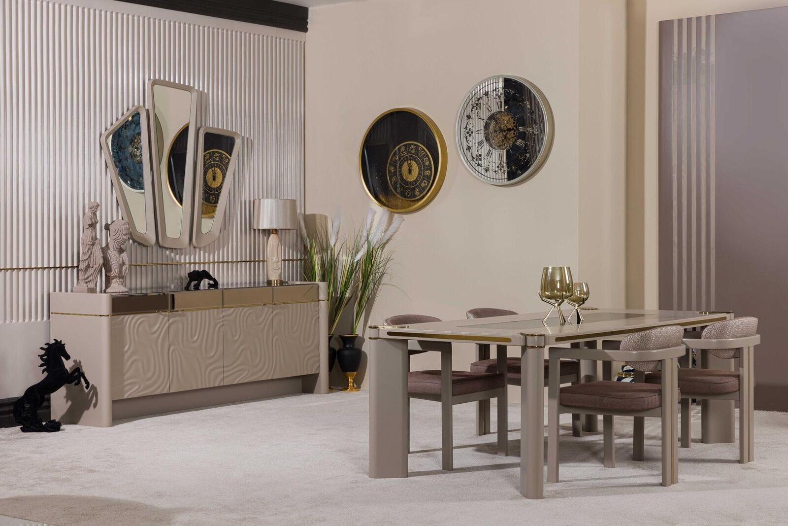 JVmoebel Essgruppe Luxus Esszimmer Set Esstisch + 6x Stühle Sideboard mit 3xSpiegel, (Esstisch / 4x Stühle: / Sideboard mit 3xSpiegel), Made In Europe