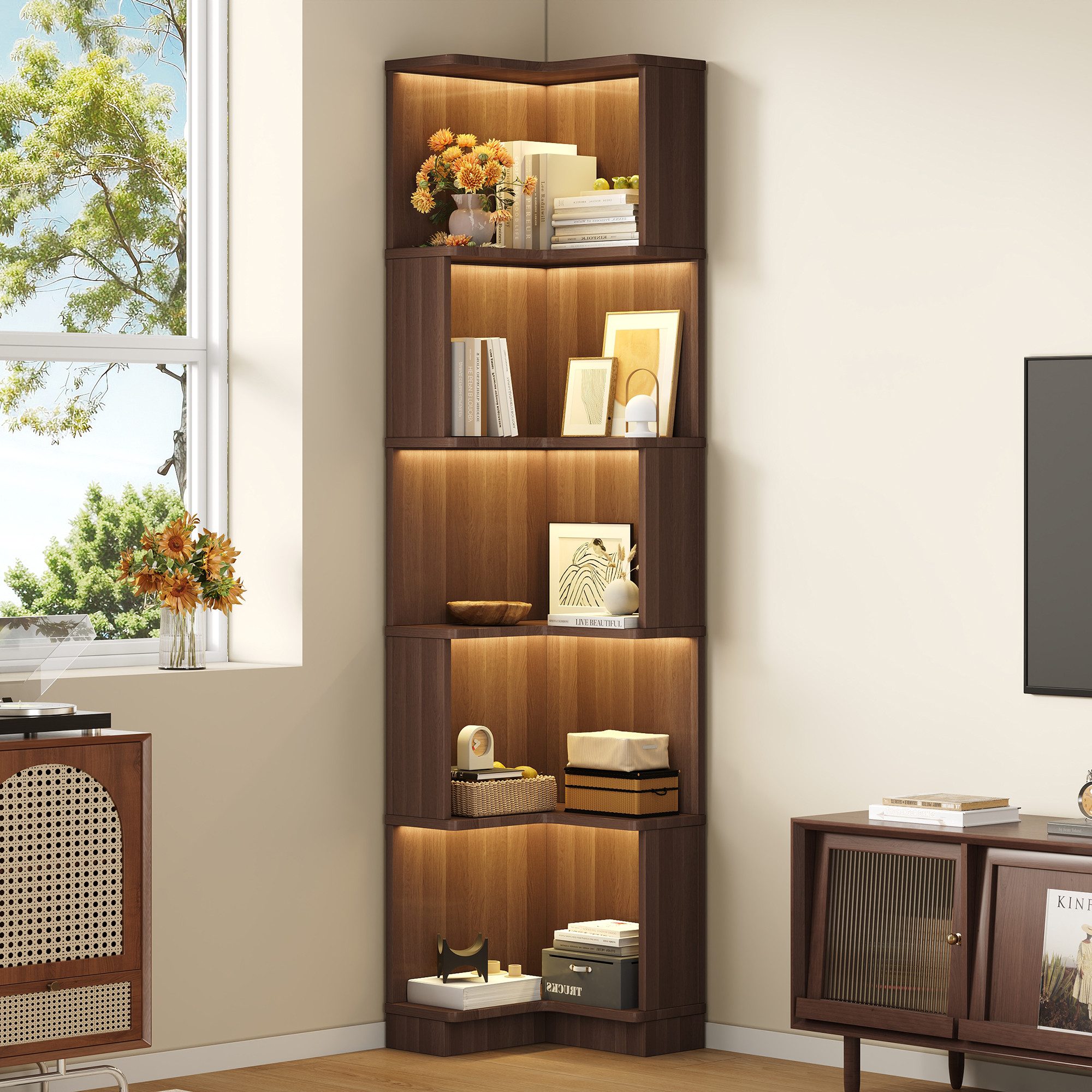 Merax Bücherregal mit LED-Farbwechsel, 1-tlg., Eckbücherregal Eckregal L-förmiges Regal mit 5 Ebenen, 63,5x45x175 cm