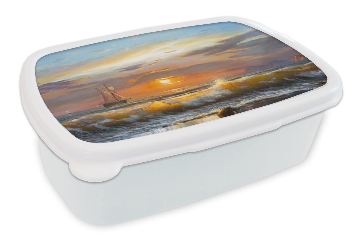 MuchoWow Lunchbox Malerei - Wasser - Segelboot - Ölfarbe, Kunststoff, (2-tlg), Brotbox für Kinder und Erwachsene, Brotdose, für Jungs und Mädchen weiß