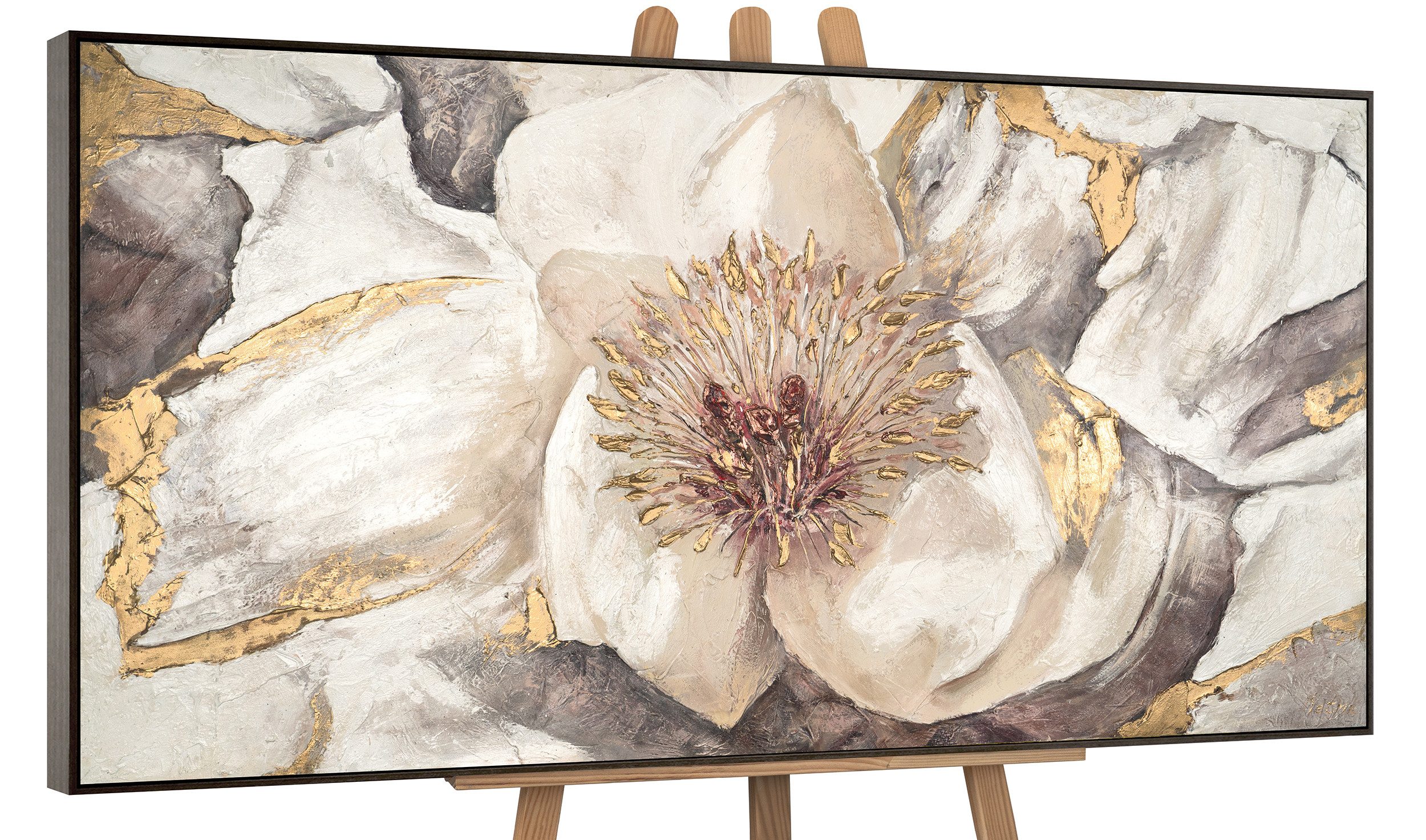 YS-Art Gemälde Malve, Blumen, Gold Weiß Blume Leinwand Bild Handgemalt