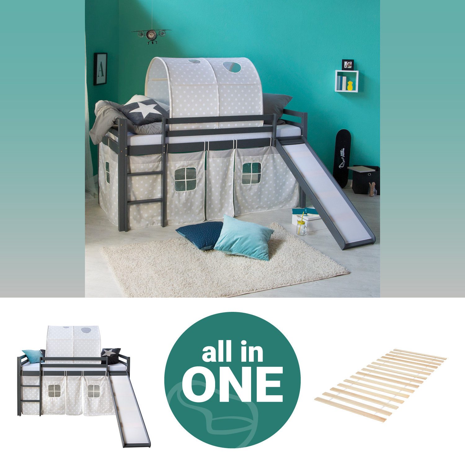 Homestyle4u Hochbett 90x200 cm Grau mit Vorhang Sterne für 1 Kind Kiefer Massiv (Set, mit Lattenrost, Rutsche und Tunnel, Jungen Mädchen) mit Rutsche, Spielbett