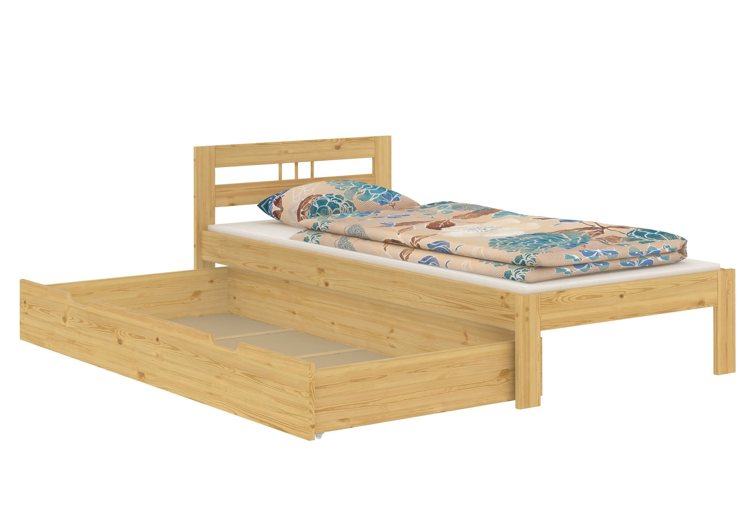 100x200 Bett ERST-HOLZ ohne Futonbett lackiert Kieferfarblos Jugendbett Zubehör, Einzelbett Holzbett Kiefer