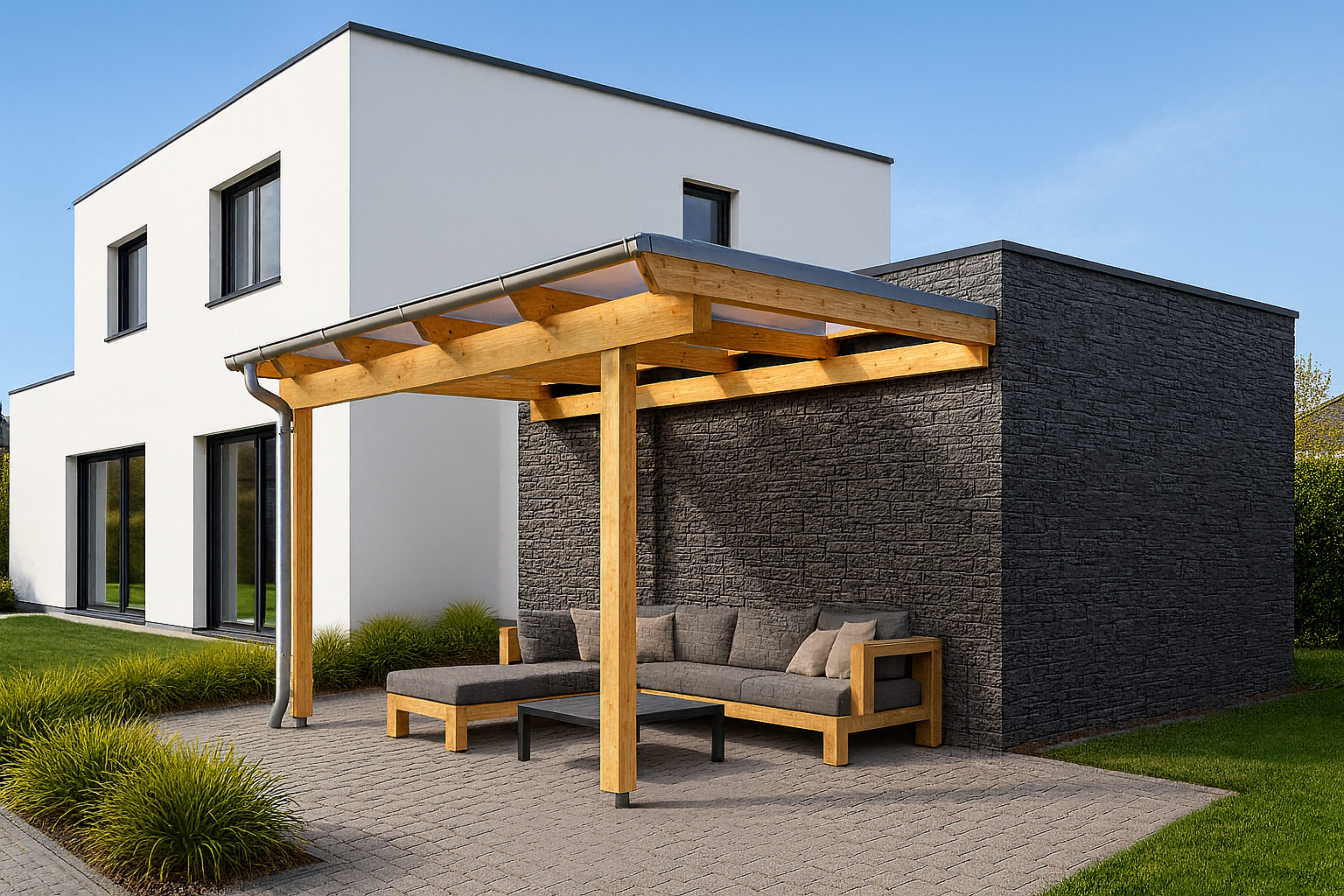DREKU Terrassendach Leimholz Terrassendach mit 16 mm Stegplatten und H-Anker, BxT: 3.075x300 cm, (Bausatz), Bausatz zur Selbstmontage