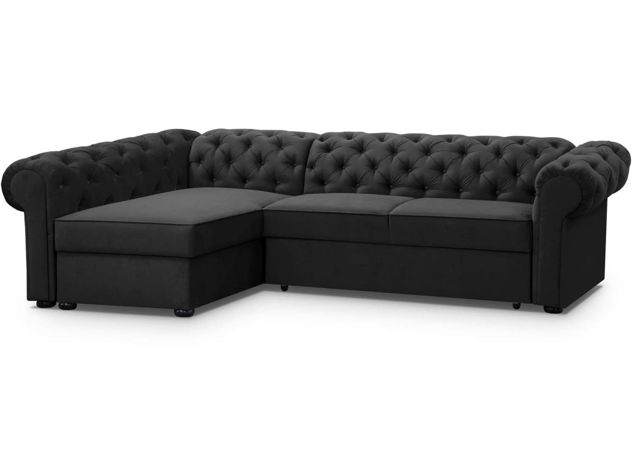 Beautysofa Ecksofa Chester L – Elegantes Chesterfield‑Ecksofa aus Velours, Polsterecke mit Bettkasten & Schlaffunktion, Liegefläche: 124x209 cm Polsterecke mit Bettkasten & Schlaffunktion