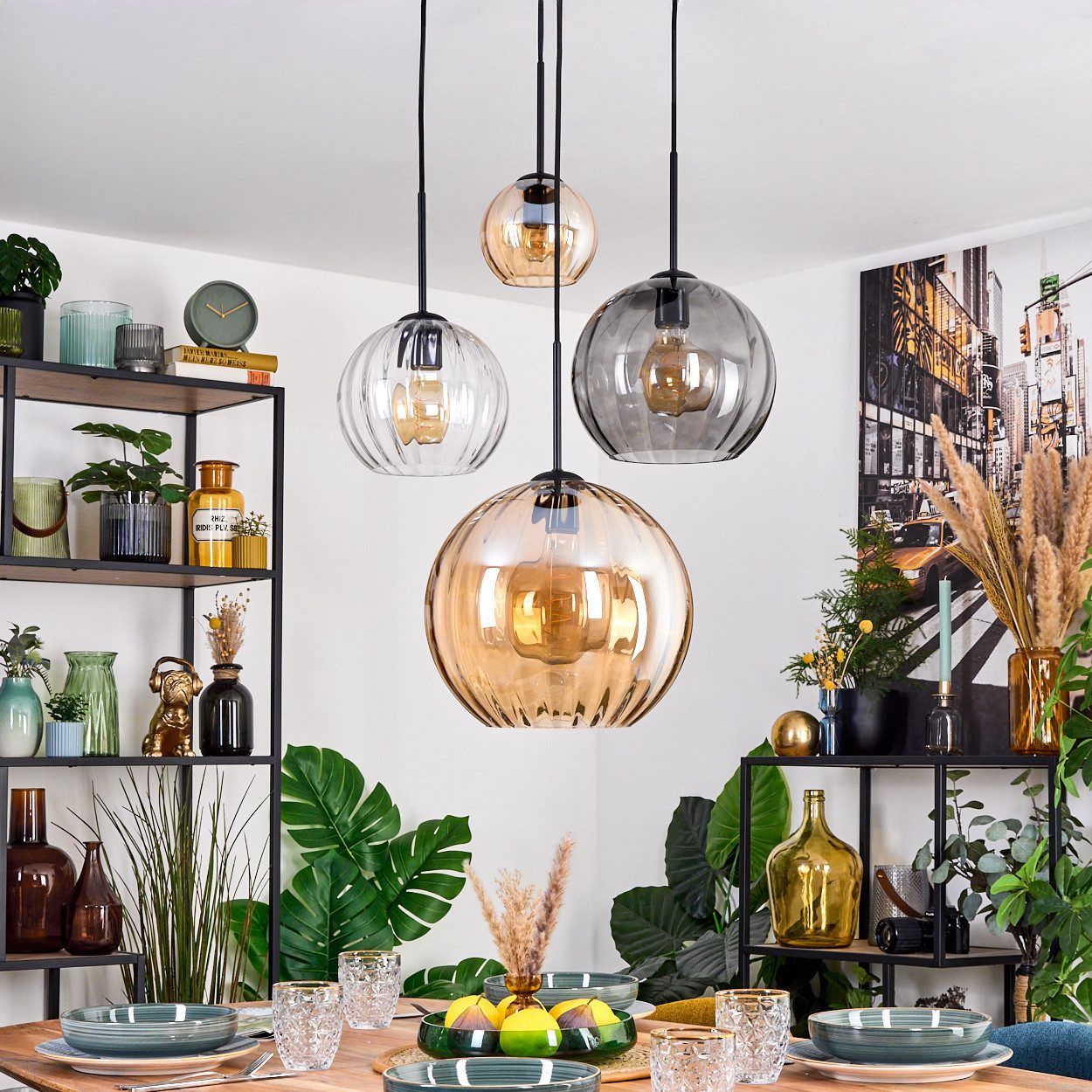 hofstein Hängeleuchte Hängelampe aus Metall/Riffelglas in Schwarz/Bernstein/Rauch/Klar, ohne Leuchtmittel, Pendelleuchte im Vintage-Design (Schirme Ø 15; 20; 25; 30 cm), 4 x E27