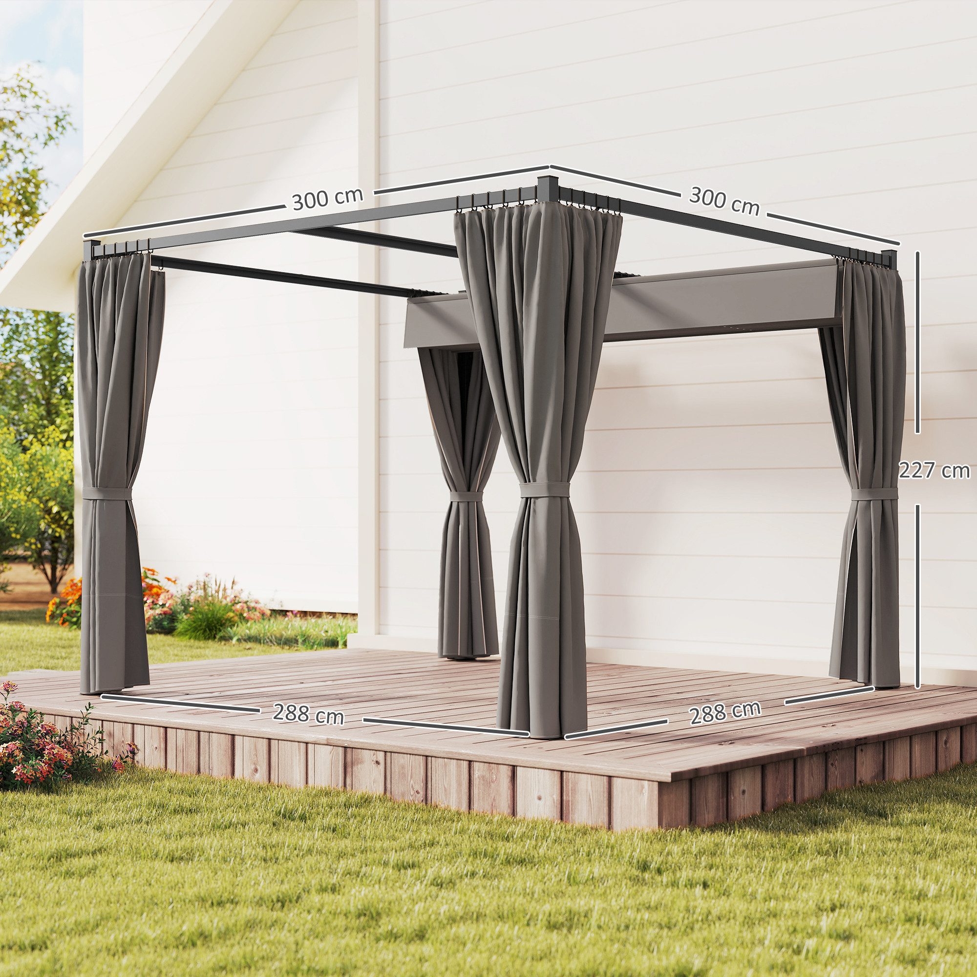 Outsunny Pergola mit Schiebedach, 4 Seitenwände, BxTxH: 300x300x227 cm, (Gartenpavillon, 1-tlg., Terrassenüberdachung), für Terrasse Garten, Hellgrau