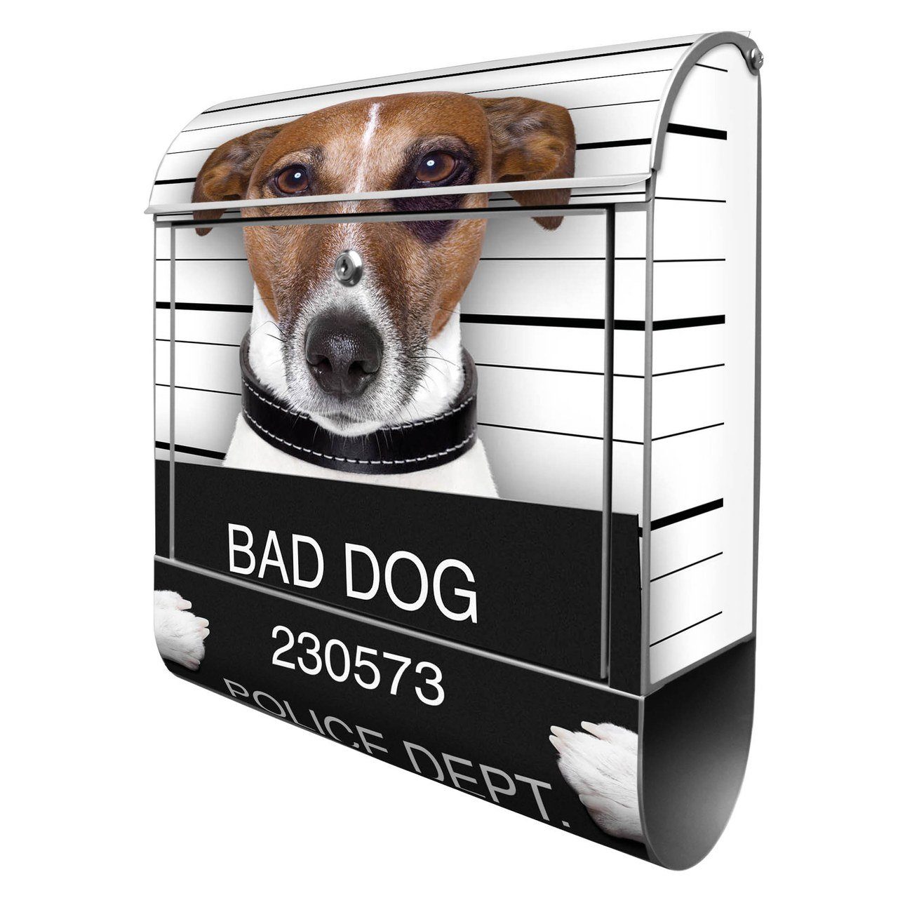 banjado Wandbriefkasten Stahl Bad Dog Jack Russel (Wandbriefkasten witterungsbeständig, pulverbeschichtet, mit Zeitungsfach), 39 x 47 x 14cm silberfarben