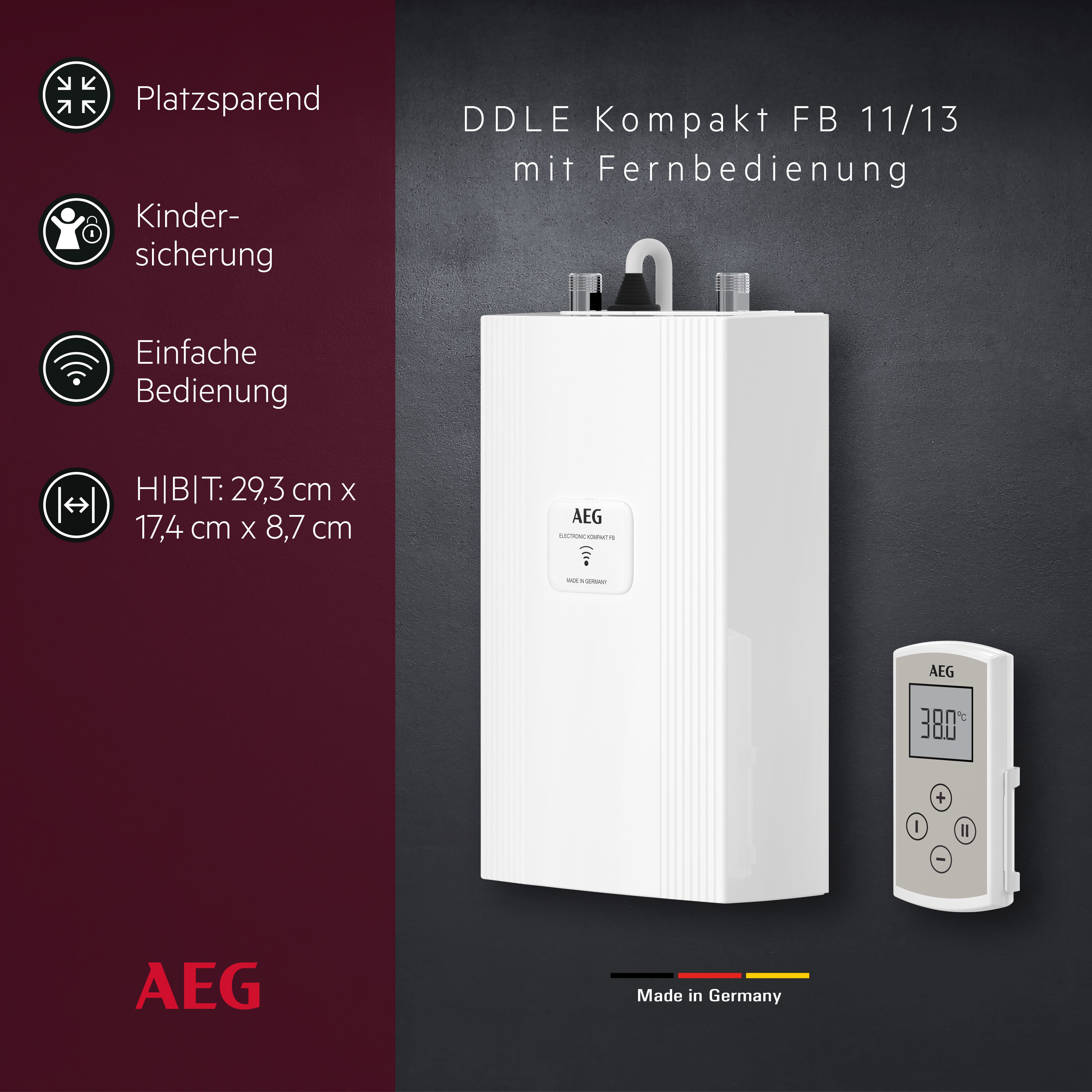 AEG Haustechnik Kompakt-Durchlauferhitzer DDLE Kompakt FB, elektronisch, min. 35 °C, 11/13 kW umschaltbar, Fernbedienung, Untertischmontage, für die Küche