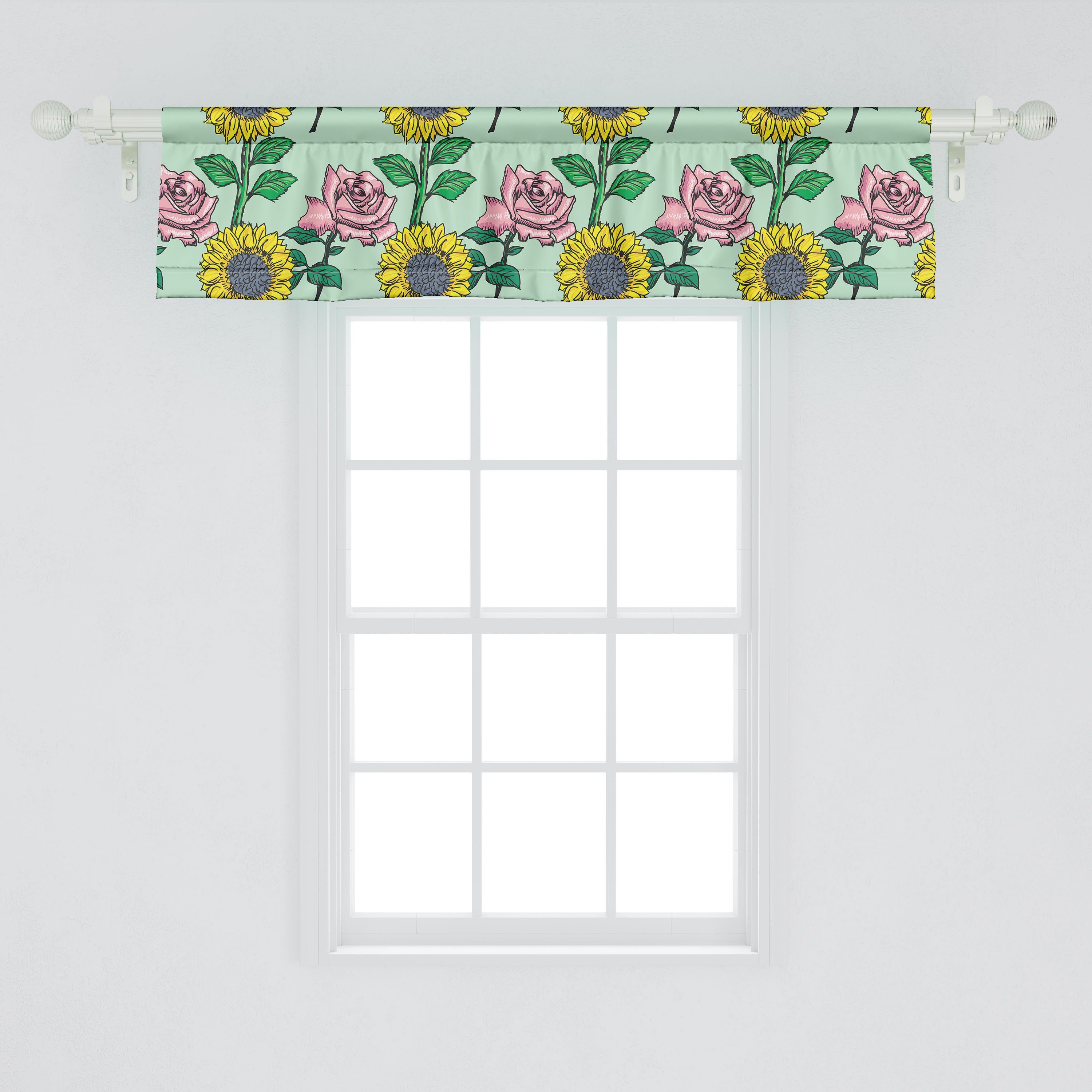 Scheibengardine Vorhang für Rosen Sonnenblumen und Abakuhaus, Schlafzimmer Blume Stangentasche, mit Küche Dekor Volant Microfaser