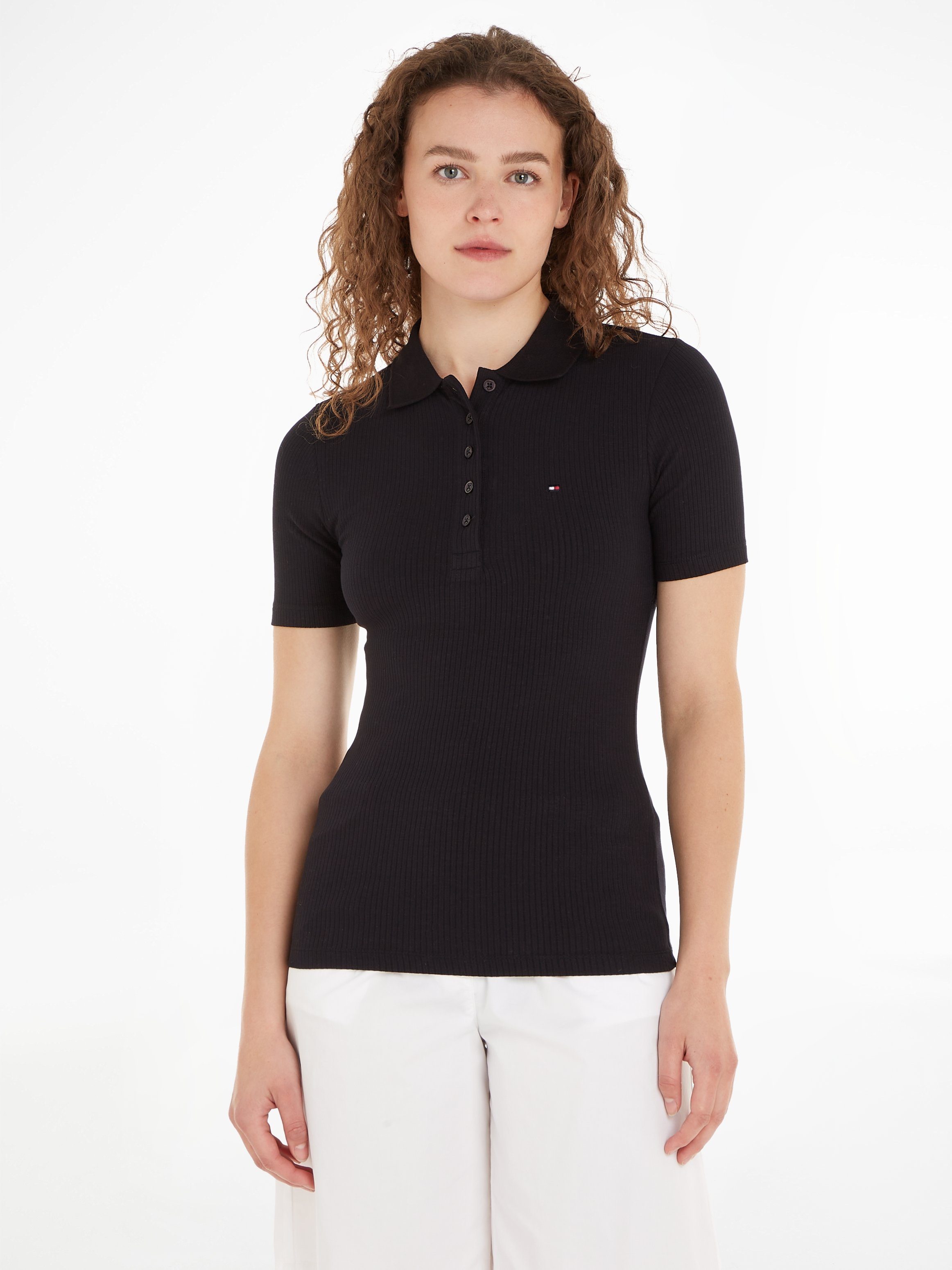 Tommy Hilfiger Poloshirt SLIM mit Black langer POLO RIB 5X2 Knopfleiste