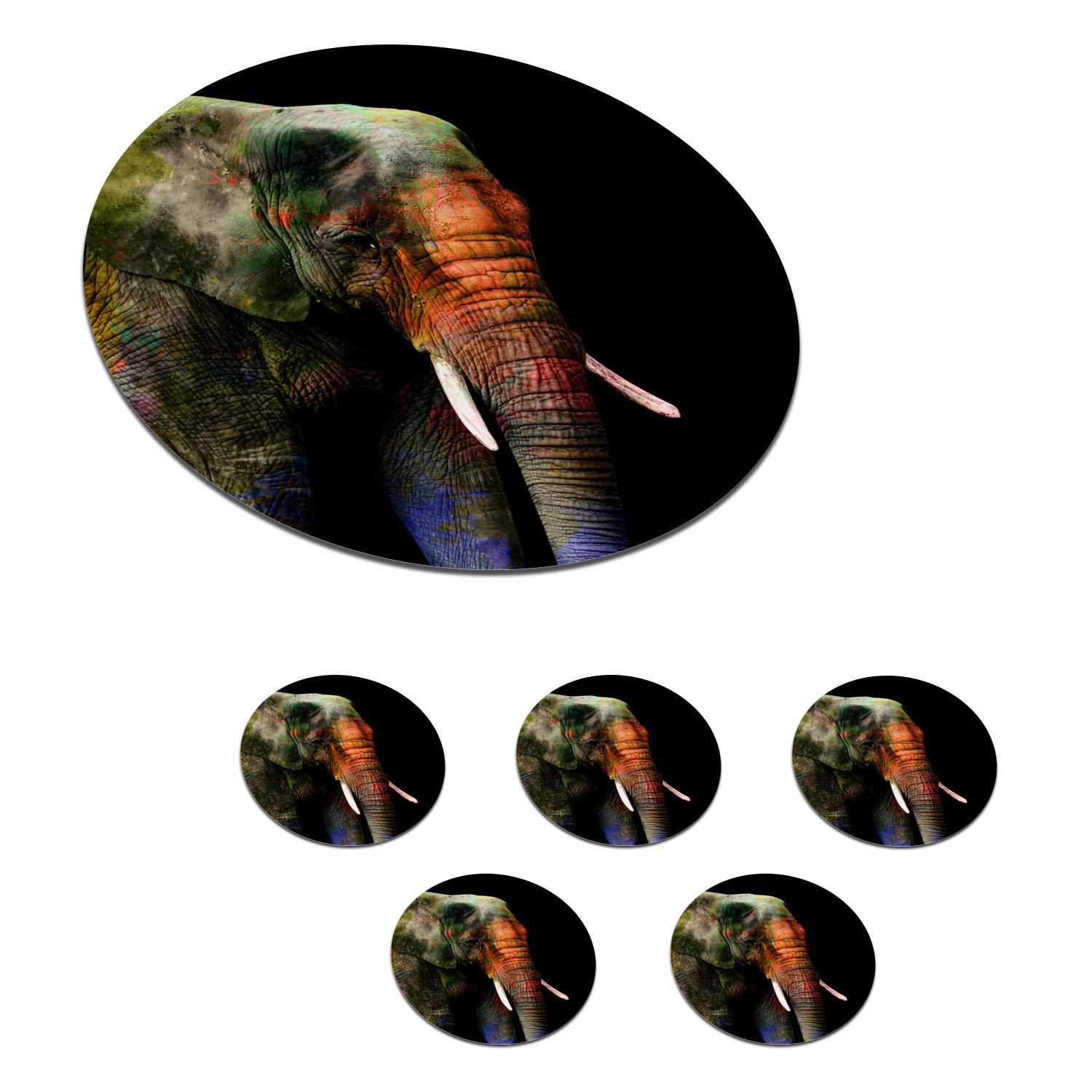 MuchoWow Glasuntersetzer Elefant - Getränkeuntersetzer, Tier, für Tasse, Tassenuntersetzer, Farben 6-tlg., Zubehör - Gläser, Becher Korkuntersetzer