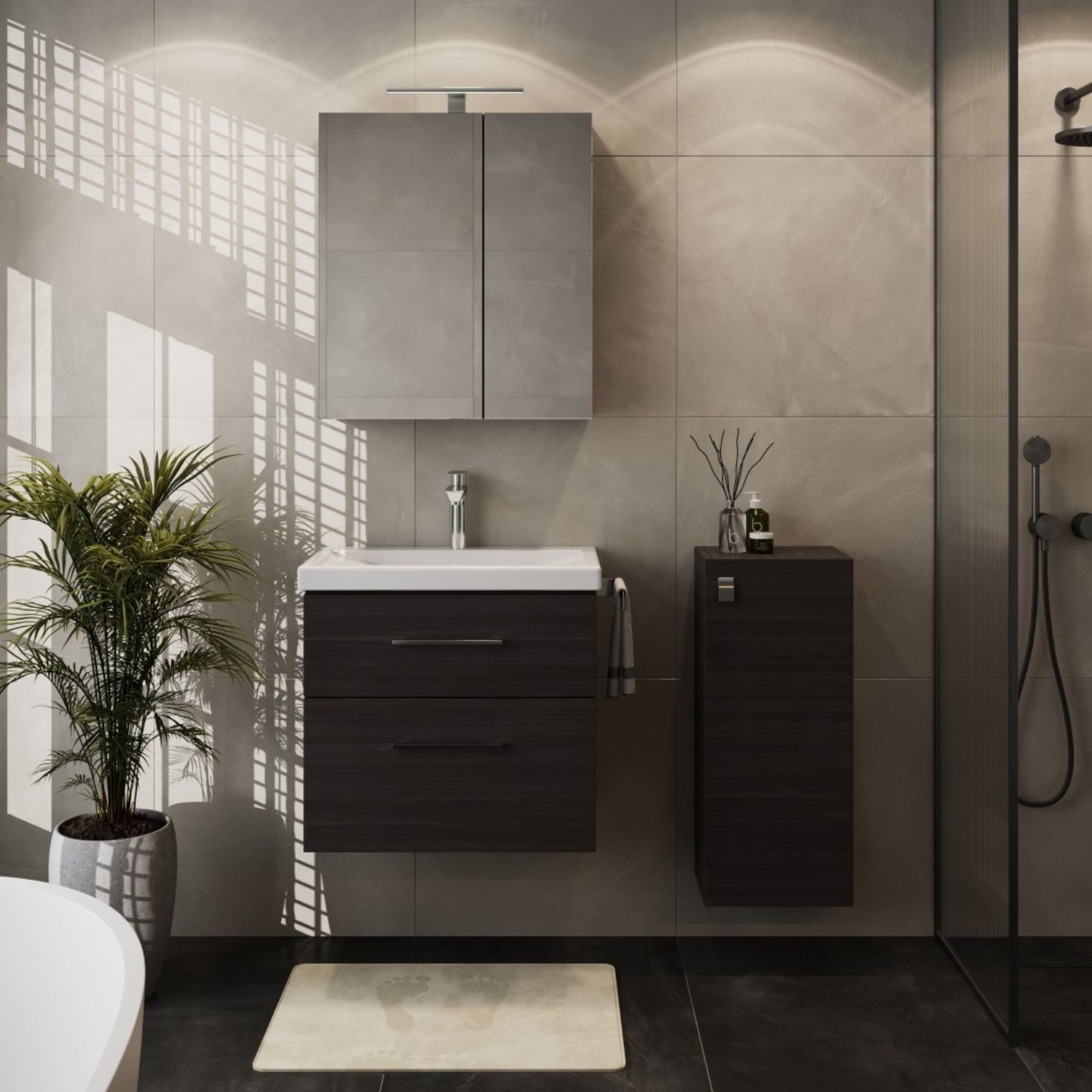 Planetmöbel Badezimmer-Set Badmöbel-Set mit Spiegelschrank 63cm und Midischrank Anthrazit