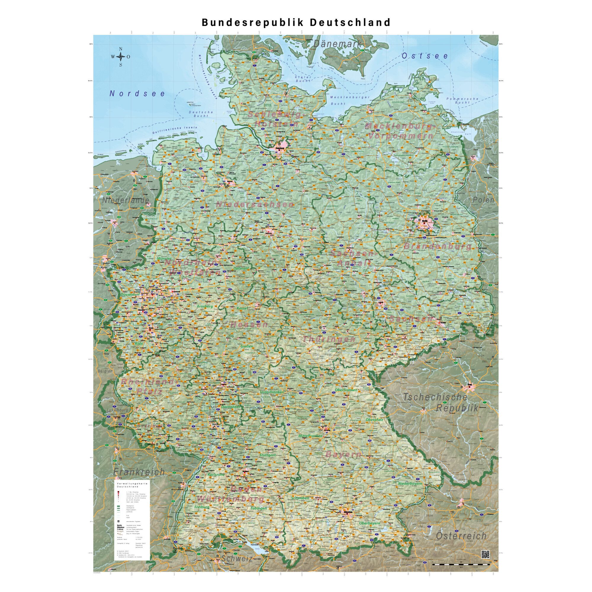 GeoMetro Globus GeoMetro Landkarte Deutschland physisch (100 x 140 cm)