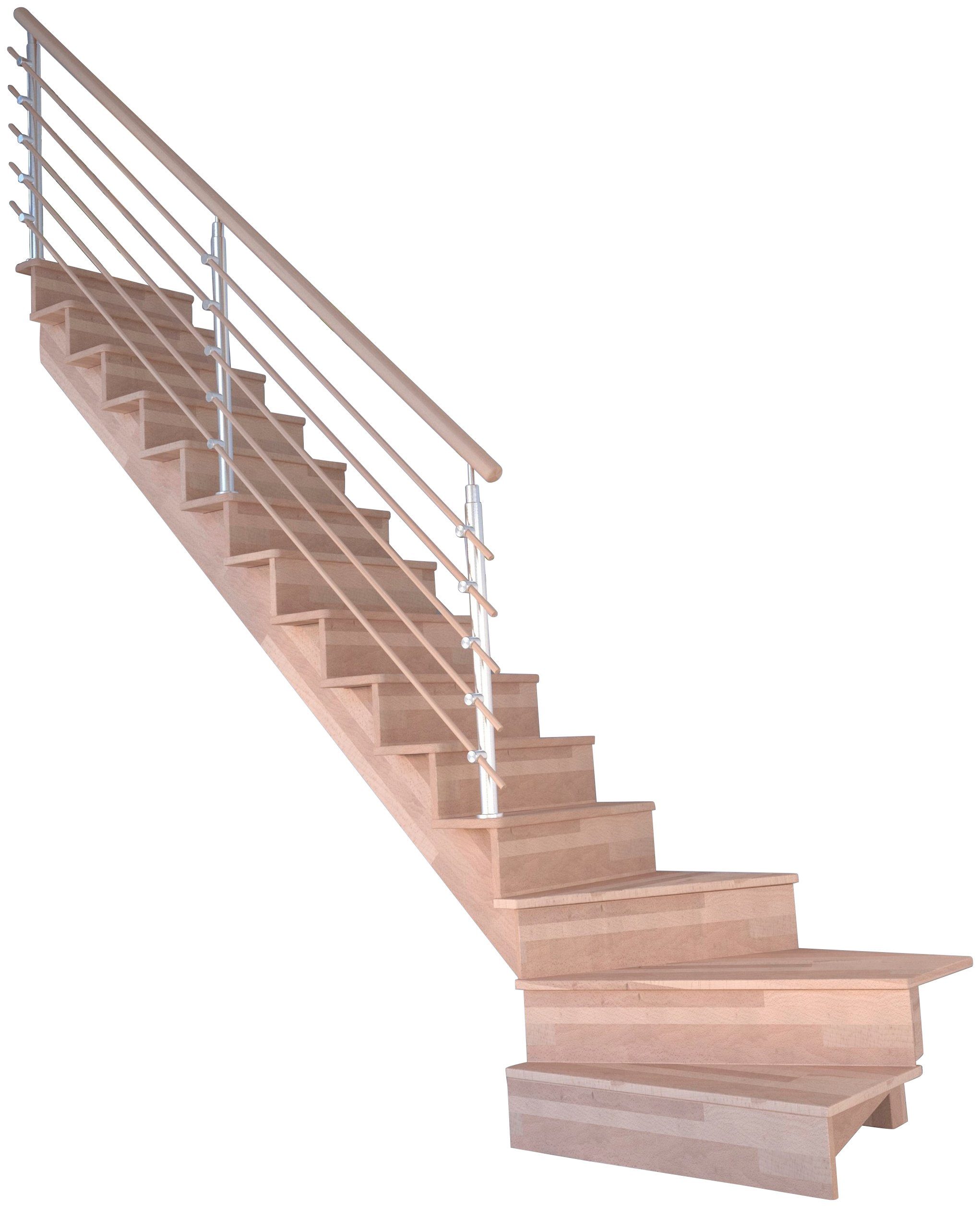 gewendelt Systemtreppe Links, bis Holzrundstäbe, Stufen Durchgehende Design-Geländer Lindos, Geschosshöhen für Massivholz Wangenteile geschlossen, Starwood 300 cm,