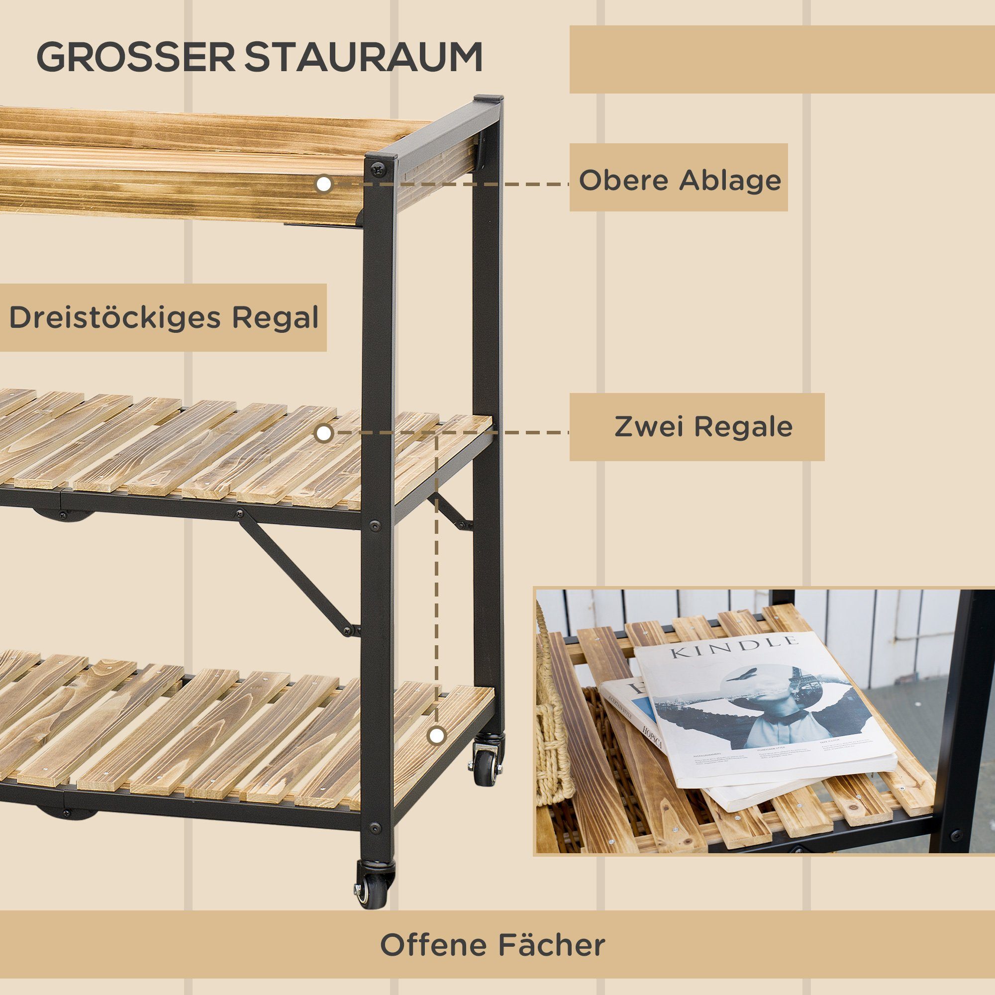 Outsunny Servierwagen Outdoor Trolley), Küchenwagen Regalen, Faltbares mit Barwagen mit Griff St., 3 Barbecue (Gartenrollwagen, 1