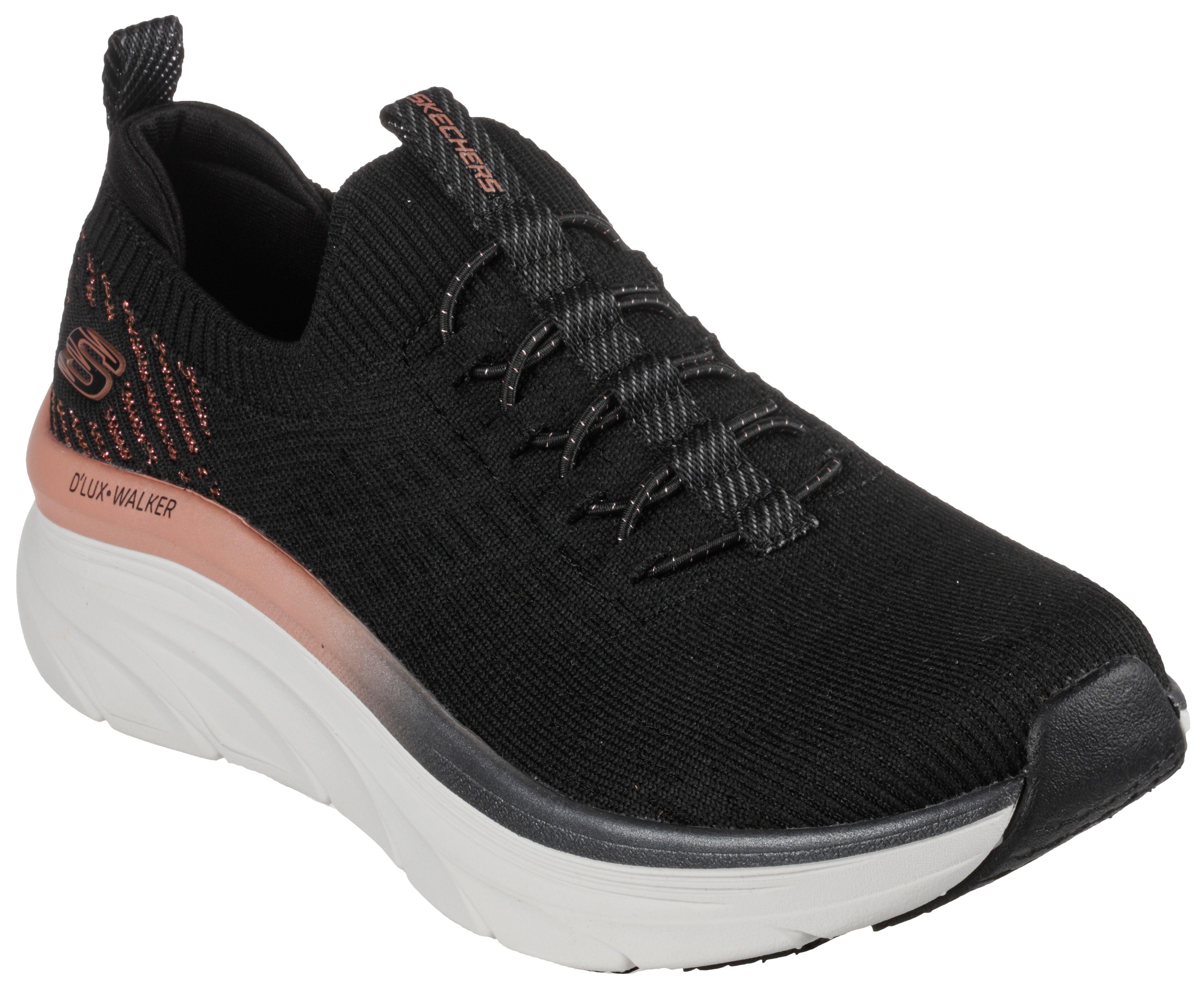 Skechers D'LUX WALKER - LET IT GLOW Slip-On Sneaker mit Gummizug zum Schlupfen schwarz-roségoldfarben