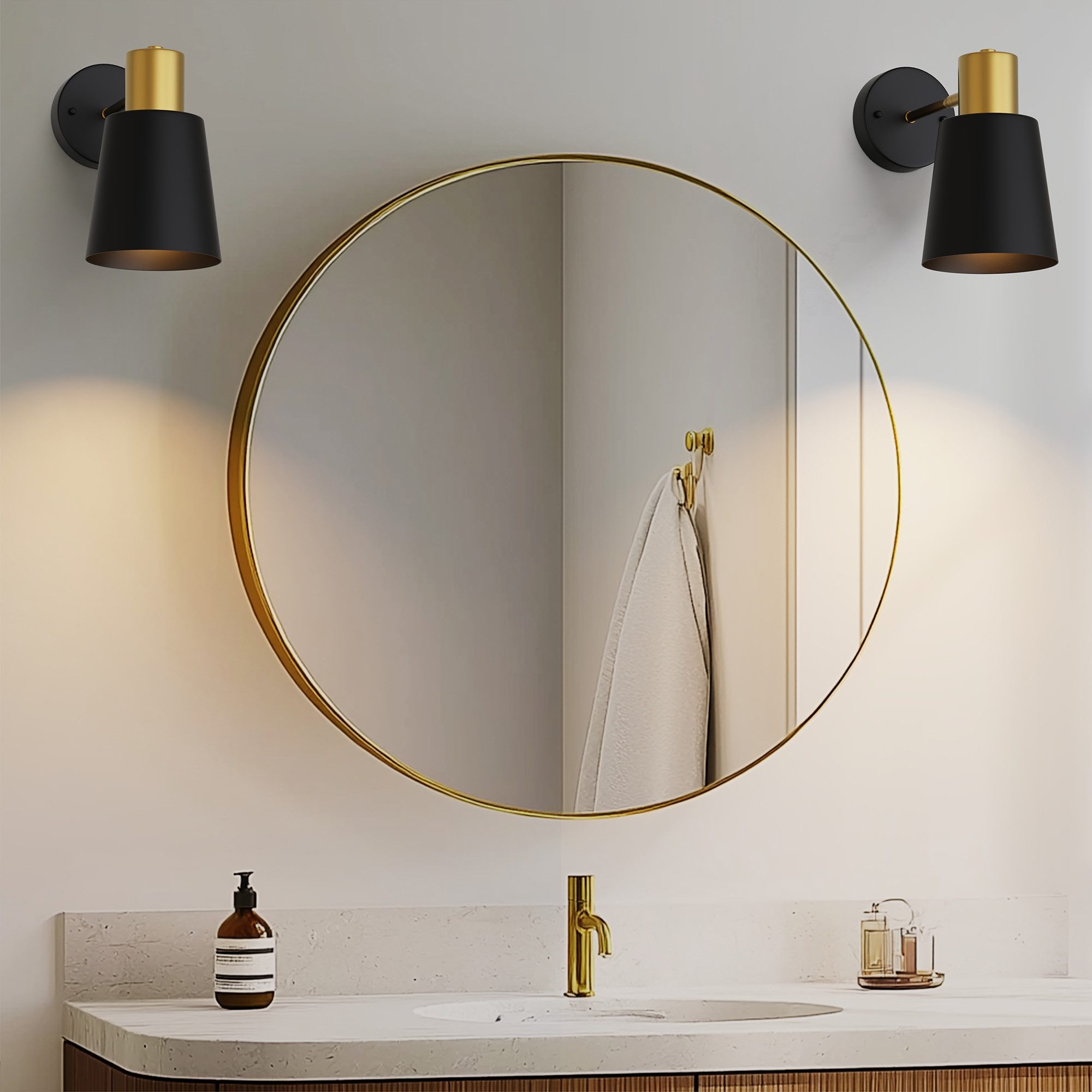 LOHAS-LED Wandleuchte 2er Set Trichter‑Design, LED Wandlampe, Aufladbare E26‑Birne, LED wechselbar, RGBCW‑Beleuchtung, dimmbar mit Fernbedienung in Schwarz‑Gold