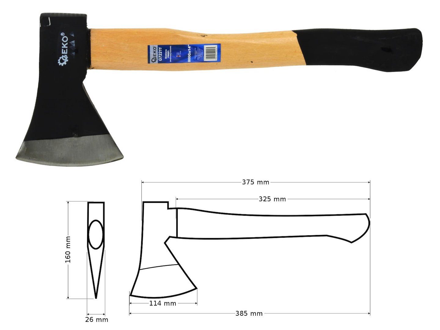 GEKO Axt Universalaxt mit Holzgriff 600 g / 800 g / 1000 g, 600 g, Gehärteter Kohlenstoffstahl, Rutschhemmender Holzgriff