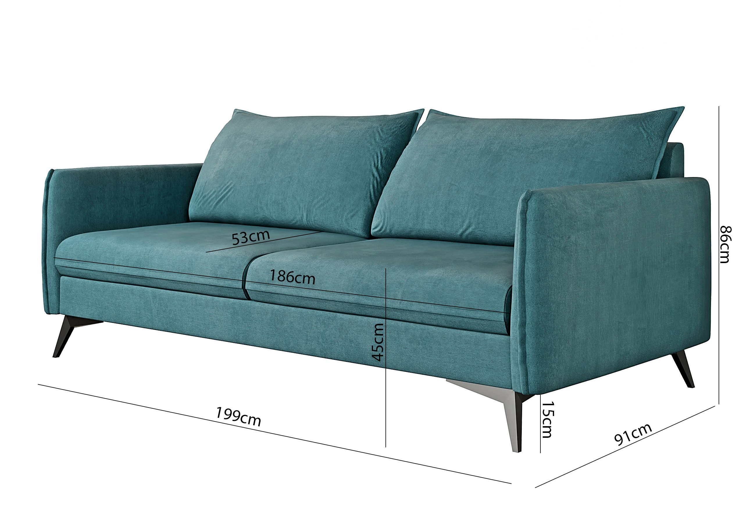 mit Möbel Wellenfederung Türkis Sofa Metall Füßen, Modernes Azalea 3-Sitzer Schwarz mit S-Style