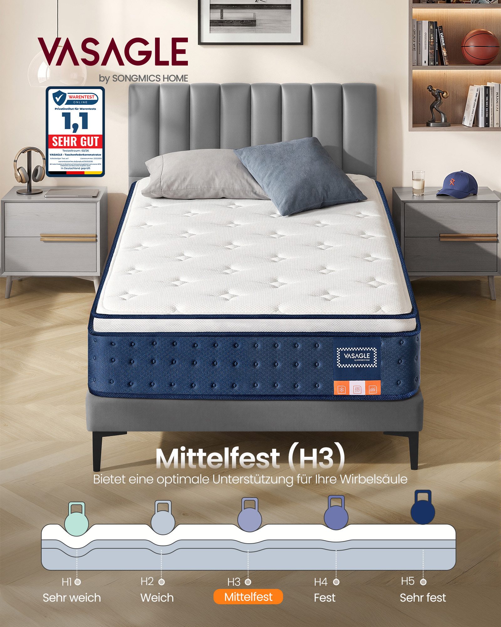 Taschenfederkernmatratze Federkernmatratze, VASAGLE, 25 cm hoch, Matratzen aus Gel-Memory-Schaumstoff, mittelfest,7-Zonen-Unterstützung