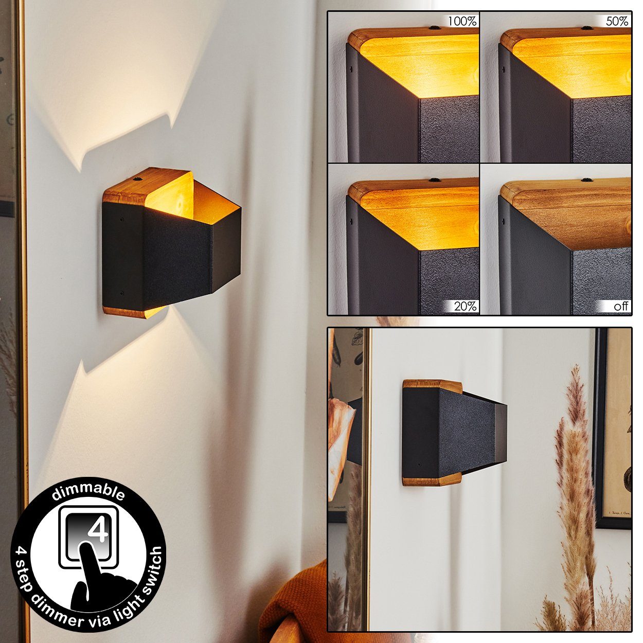 Wandleuchte dimmbare LED, mit aus dimmbar Schwarz/Natur, Up&Down-Effekt, 400 3000 »Semivicoli« über Wandlampe Lumen, Lichtschalter in Metall/Holz hofstein Kelvin,