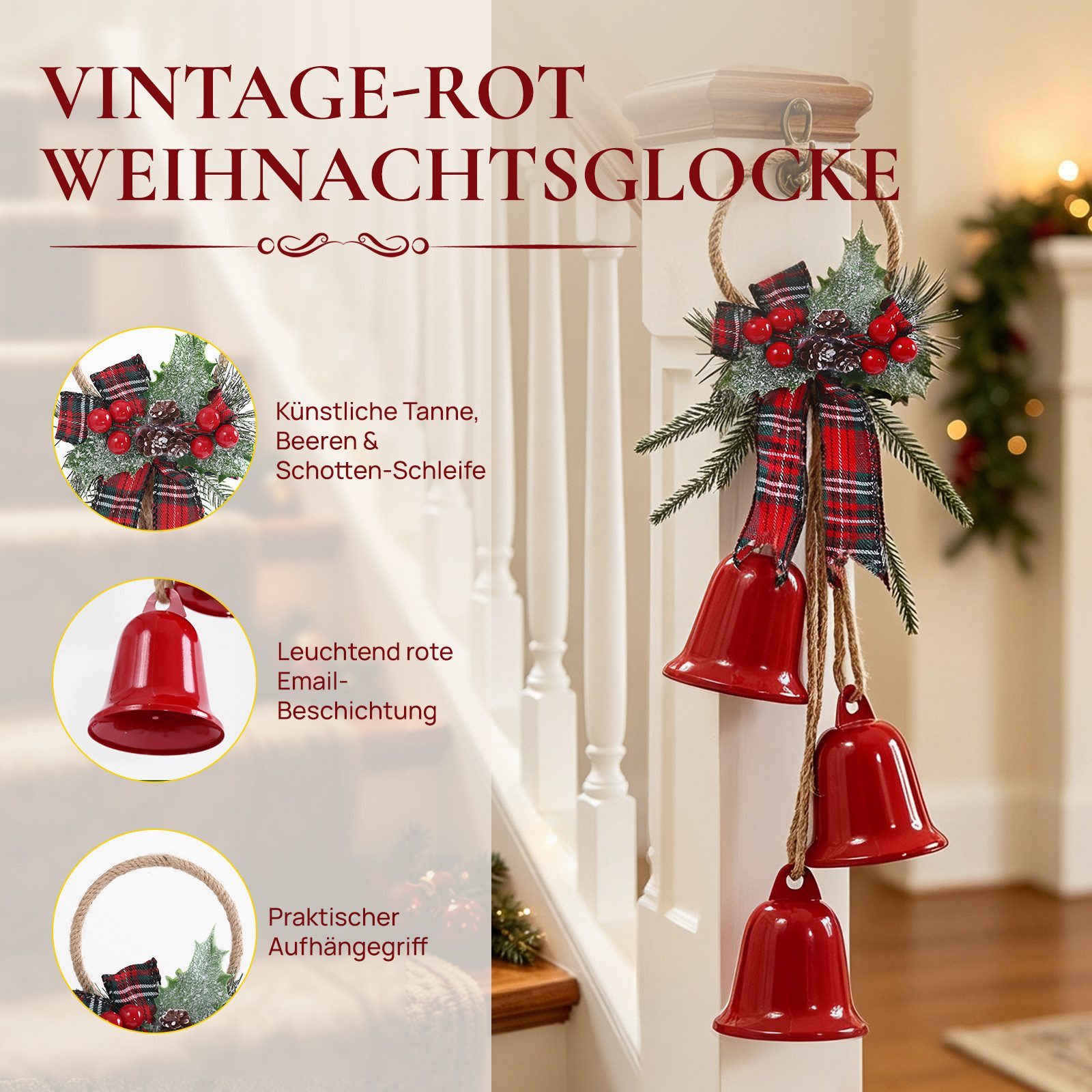 Quntis Dekohänger Weihnachtsglöckchen zum Aufhängen Rot Windspiele aus Eisen, deko (1 St), für Kamin, Treppe Geländer, Türkränze, Tür und Garten Dekoration – Bild 3 von 5