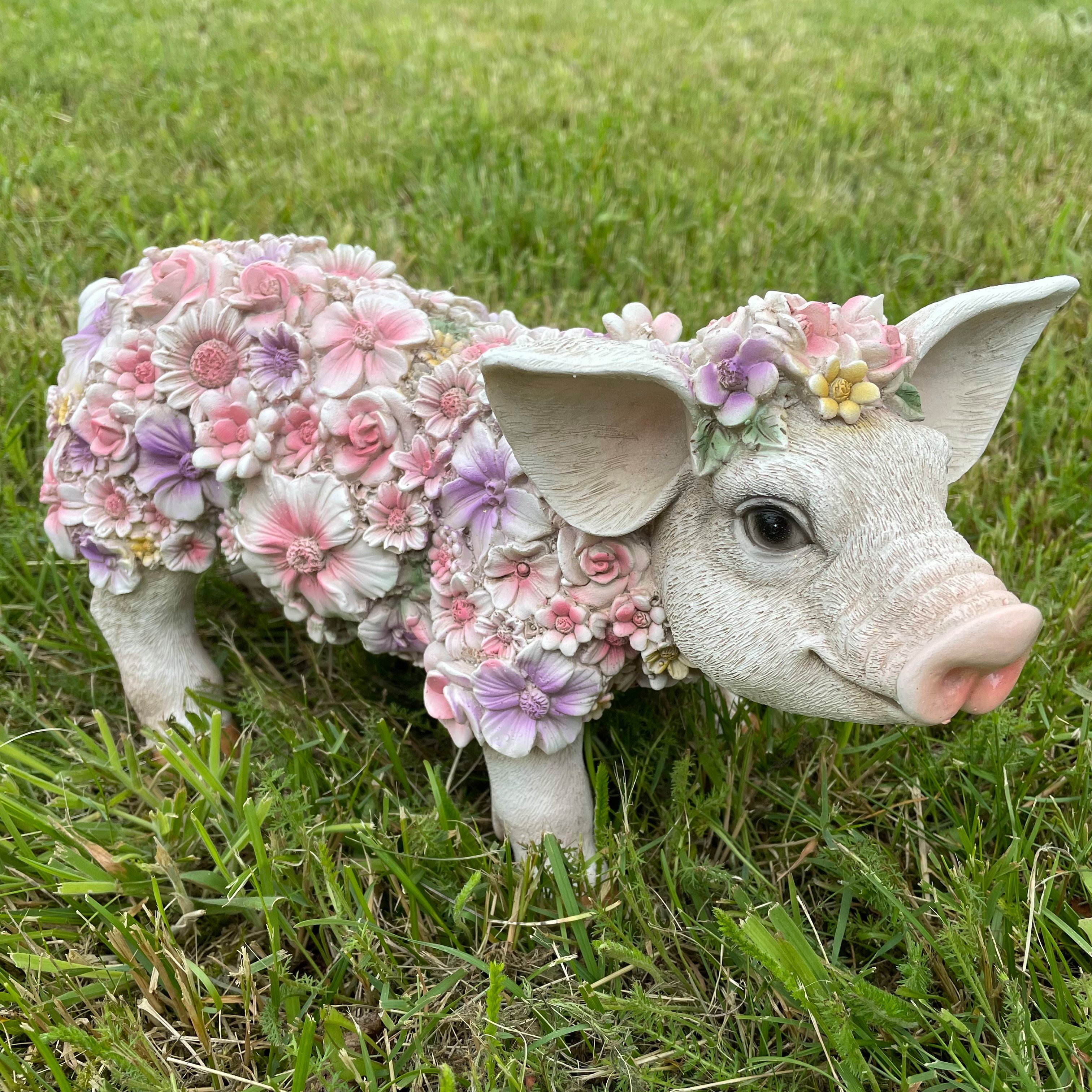 Online-Fuchs Gartenfigur süßes STEHENDES Schwein mit Blumenkleid verziert Ferkel Tiere groß, Maße 34 cm lang, 14 cm breit und 18 cm hoch, Balkon, Terrasse