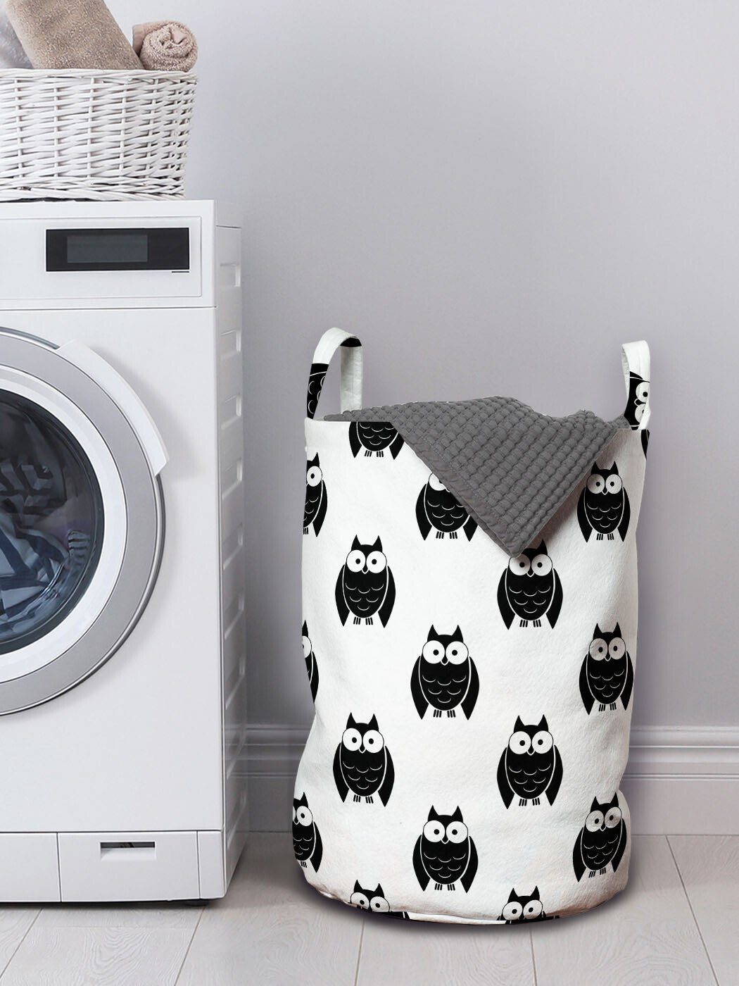 Waschsalons, Wiederholung Eulen Wäschesäckchen Kordelzugverschluss Griffen Cartoon-Stil Wäschekorb für Abakuhaus mit Die