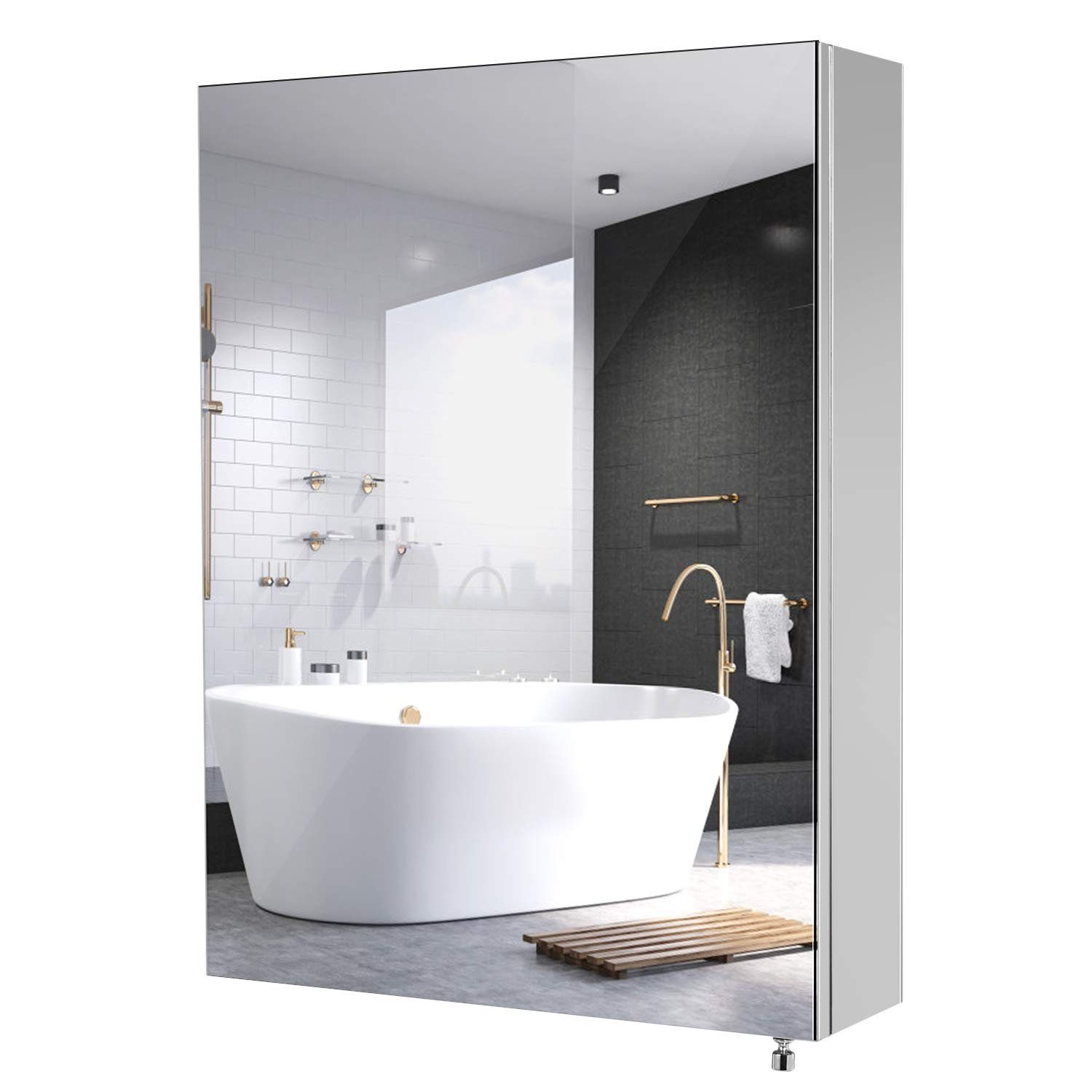 Homfa Badezimmerspiegelschrank (Spiegelschrank Bad mit 3 Fächern,  Badezimmerspiegel Schrank aus Edelstahl)